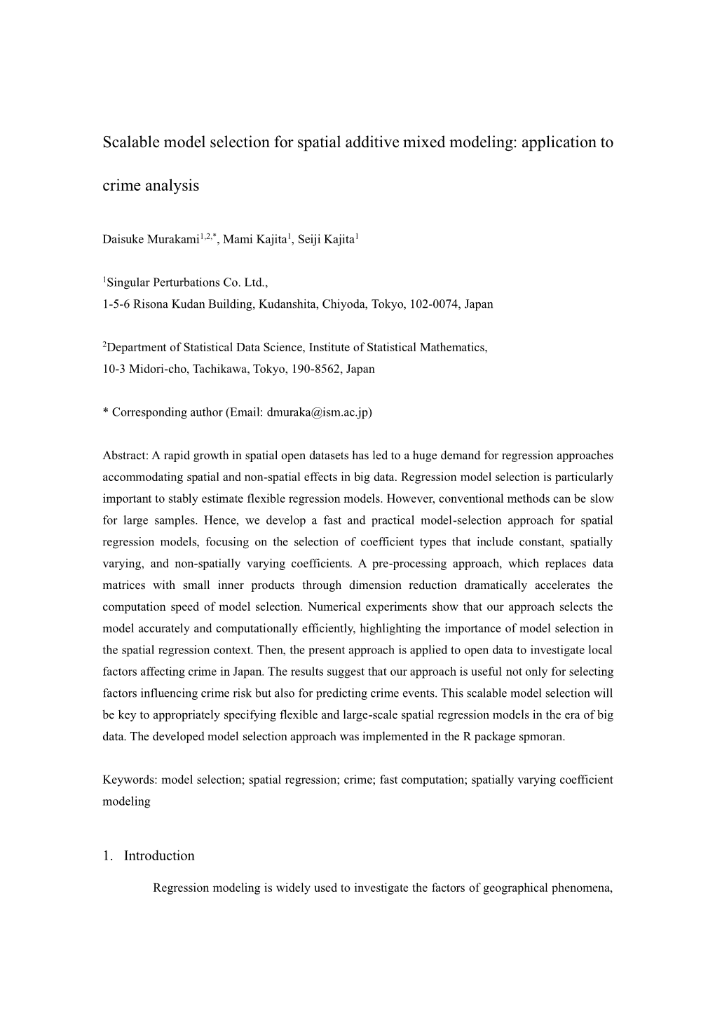 Scalable Model Selection for Spatial Additive Mixed Modeling: Application to Crime Analysis