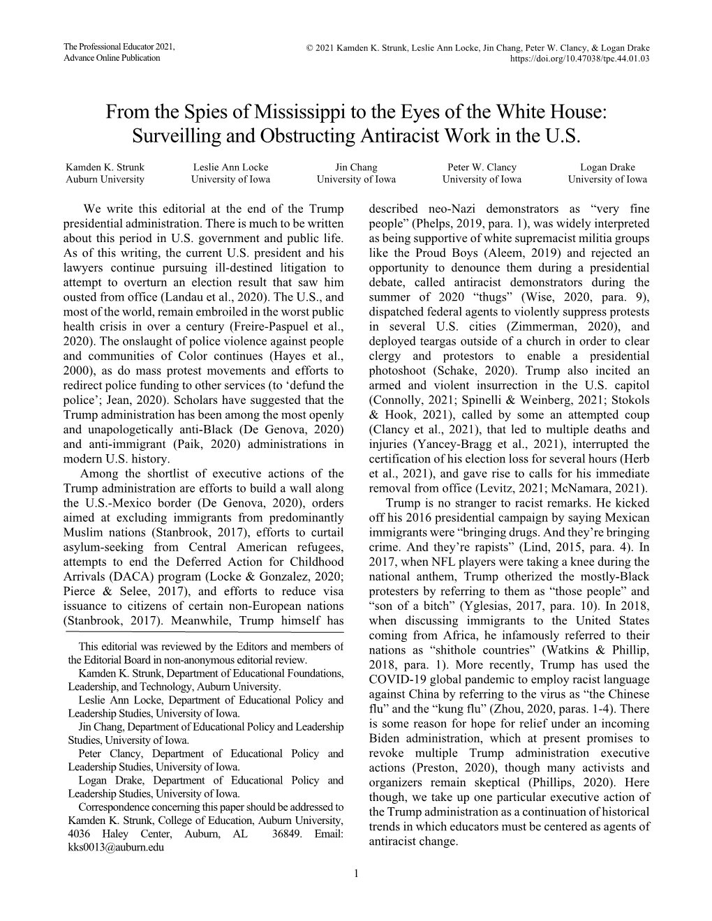 From the Spies of Mississippi to the Eyes of the White House: Surveilling and Obstructing Antiracist Work in the U.S