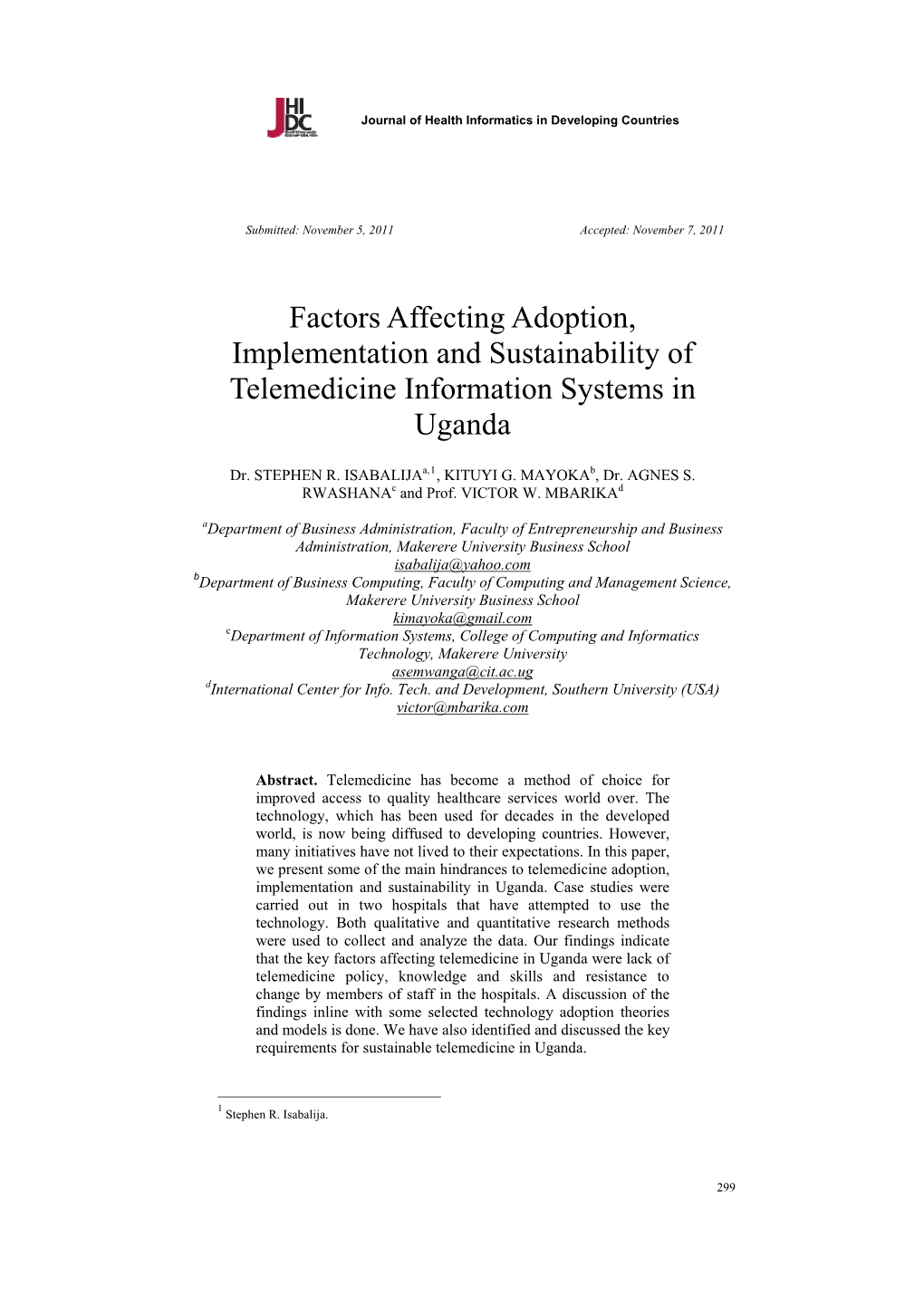 Factors Affecting Adoption, Implementation and Sustainability of Telemedicine Information Systems in Uganda