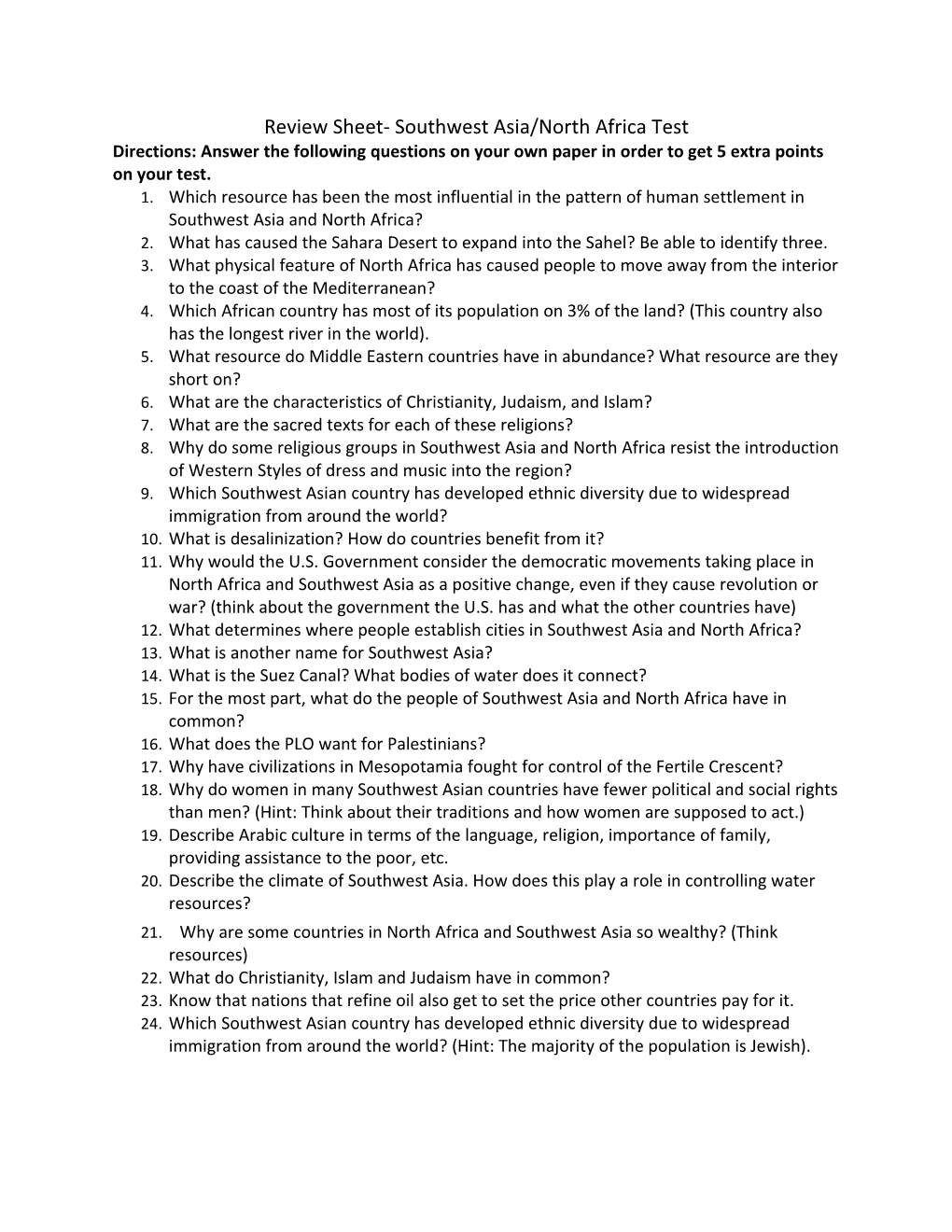 Review Sheet- Southwest Asia/North Africa Test