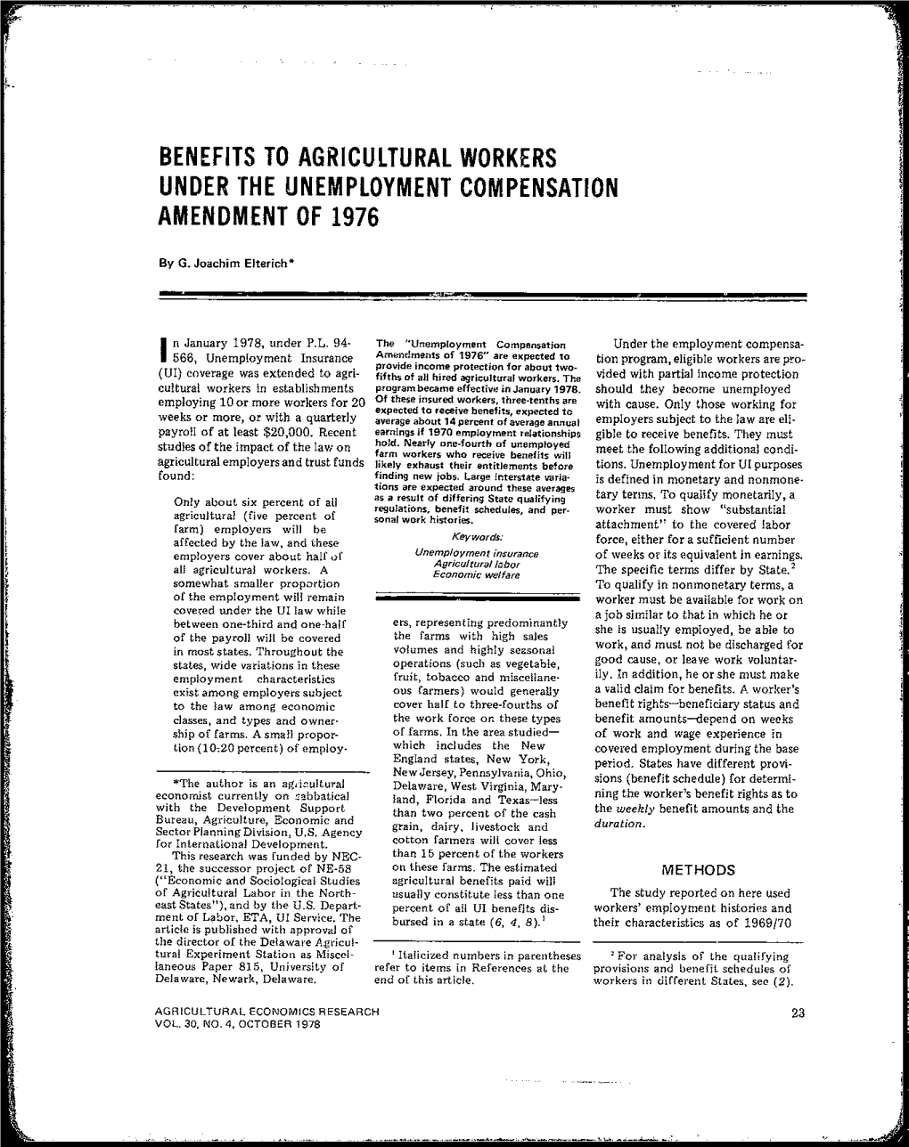 Benefits to Agricultural Workers Under the Unemployment Compensation Amendment of 1976