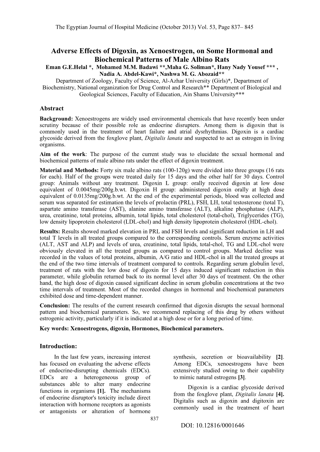 Adverse Effects of Digoxin, As Xenoestrogen, on Some Hormonal and Biochemical Patterns of Male Albino Rats Eman G.E.Helal *, Mohamed M.M