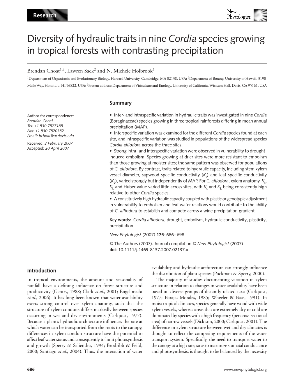 Diversity of Hydraulic Traits in Nine Cordia Species Growing in Tropical