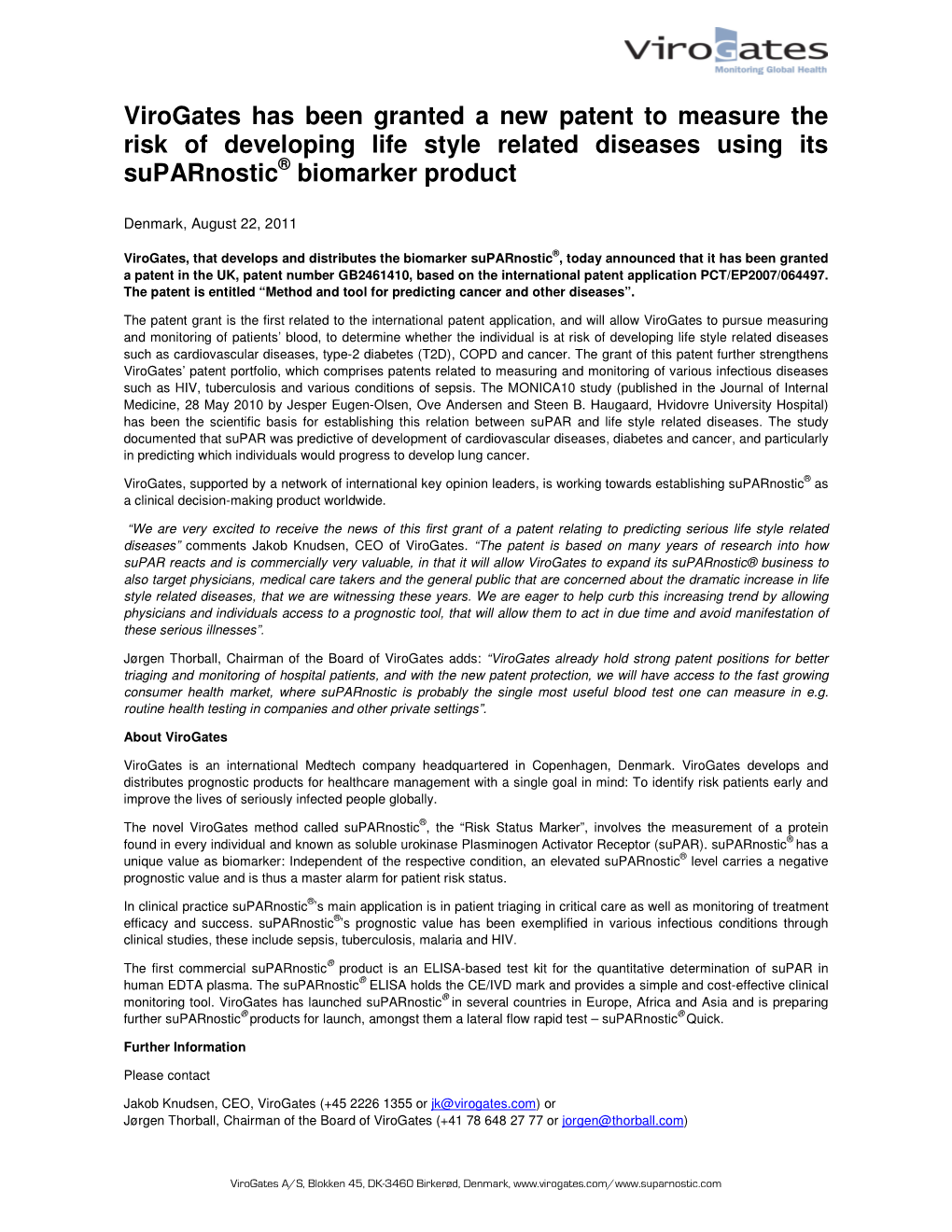 Virogates Has Been Granted a New Patent to Measure the Risk of Developing Life Style Related Diseases Using Its Suparnostic ® Biomarker Product