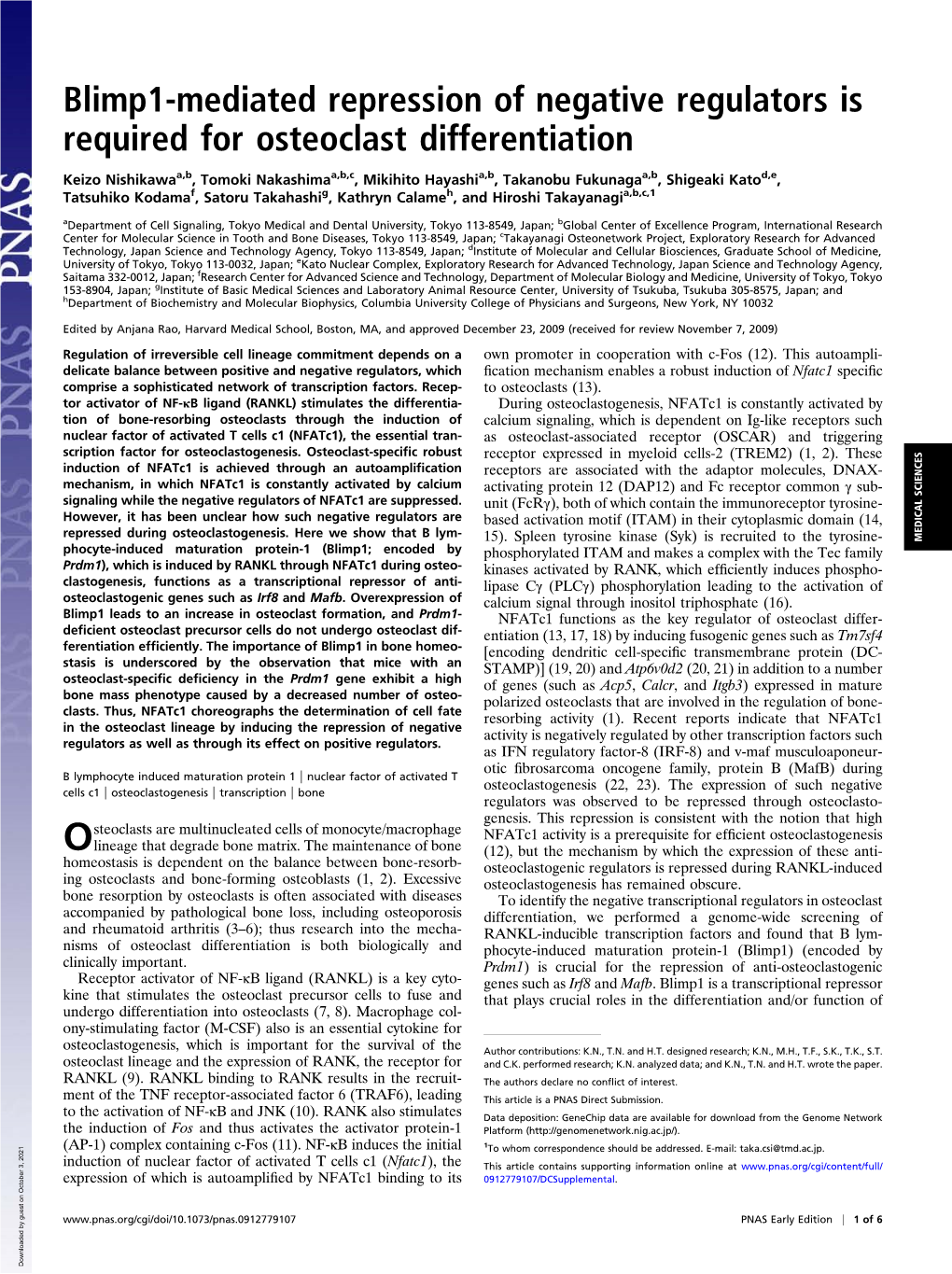 Blimp1-Mediated Repression of Negative Regulators Is Required for Osteoclast Differentiation