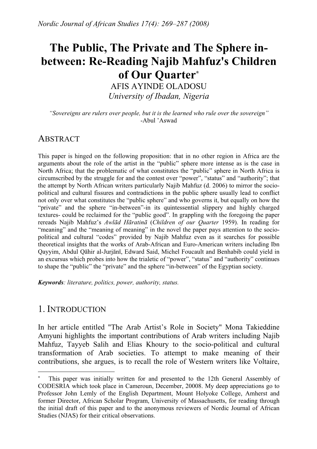 Re-Reading Najib Mahfuz's Children of Our Quarter* AFIS AYINDE OLADOSU University of Ibadan, Nigeria