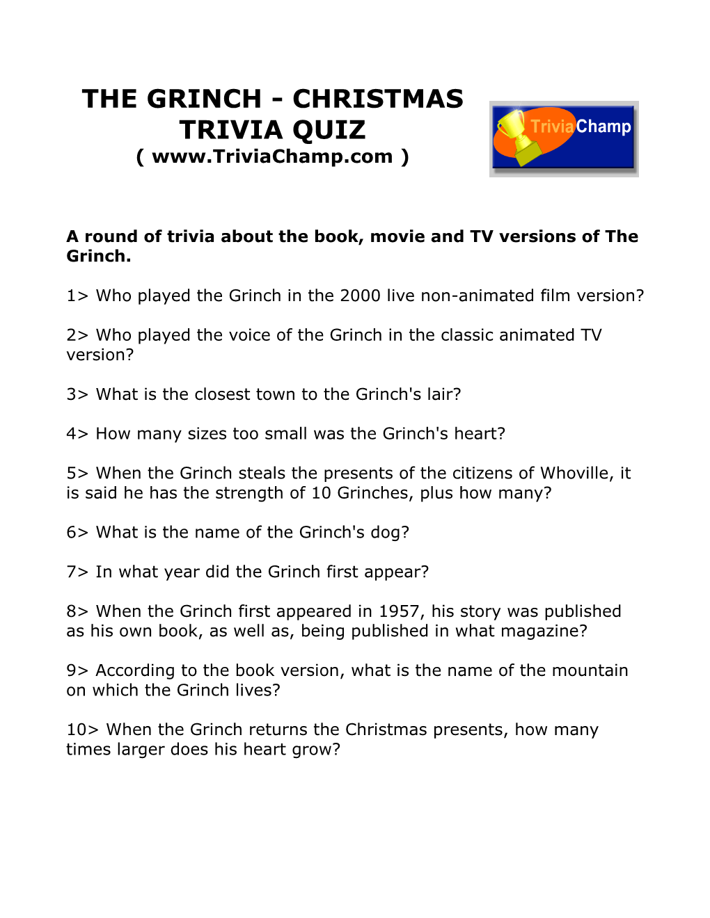 The Grinch - Christmas Trivia Quiz ( )