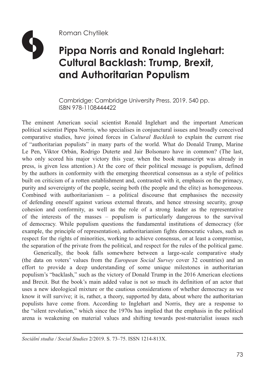 Pippa Norris and Ronald Inglehart: Cultural Backlash: Trump, Brexit, and Authoritarian Populism
