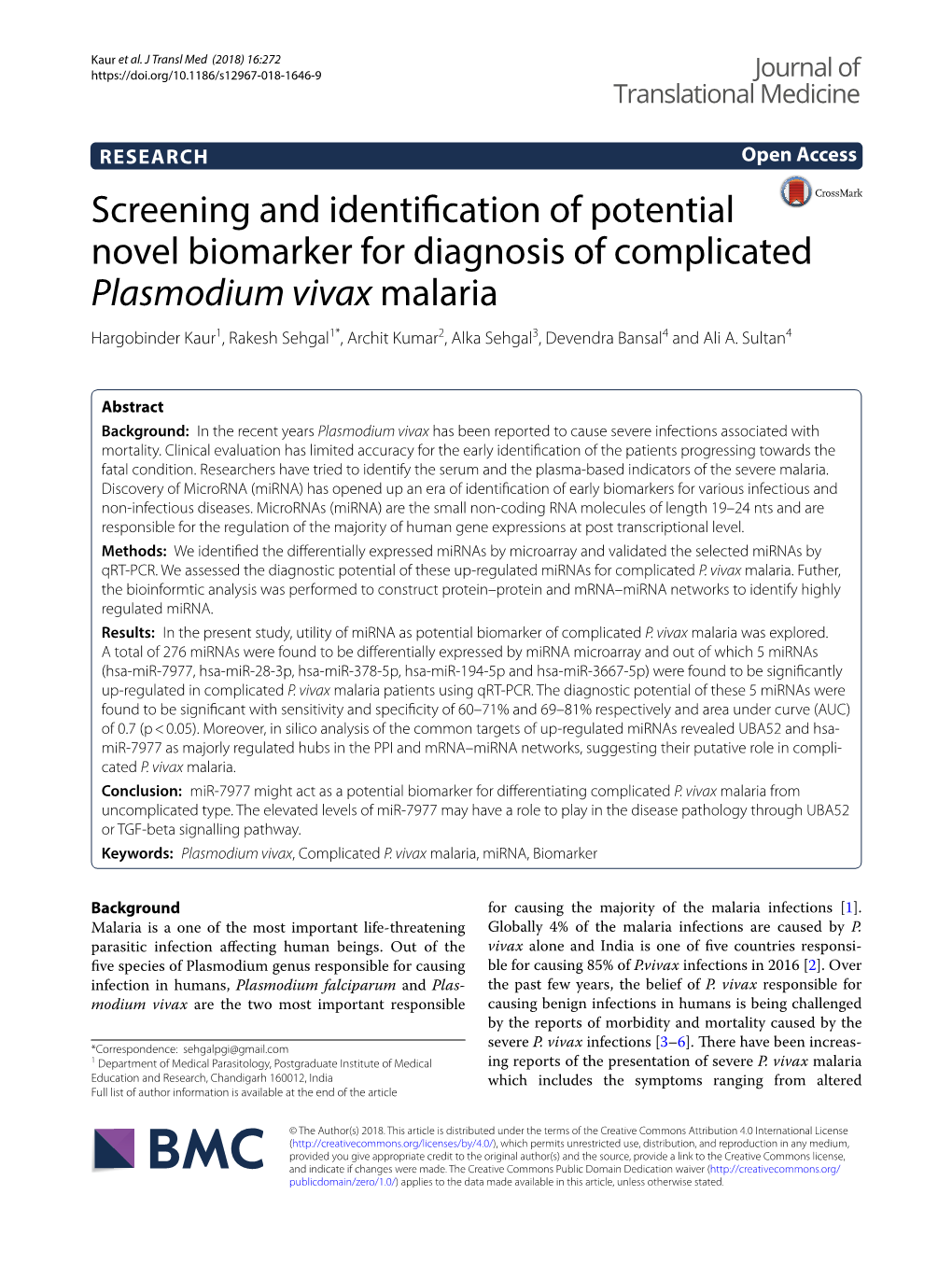 Screening and Identification of Potential Novel Biomarker for Diagnosis of Complicated Plasmodium Vivax Malaria