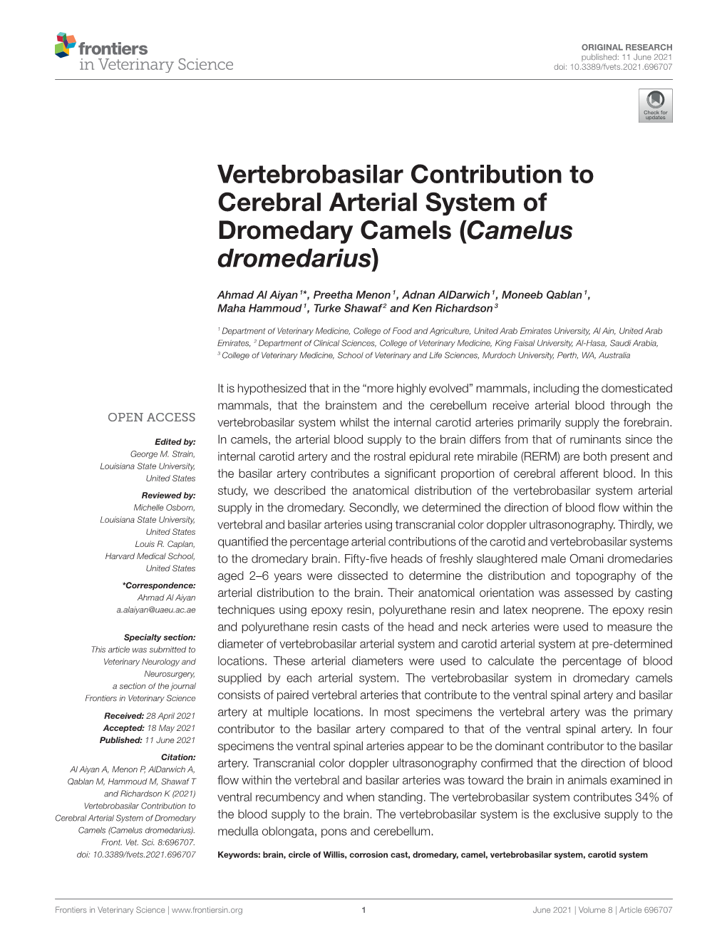 Vertebrobasilar Contribution to Cerebral Arterial System of Dromedary Camels (Camelus Dromedarius)