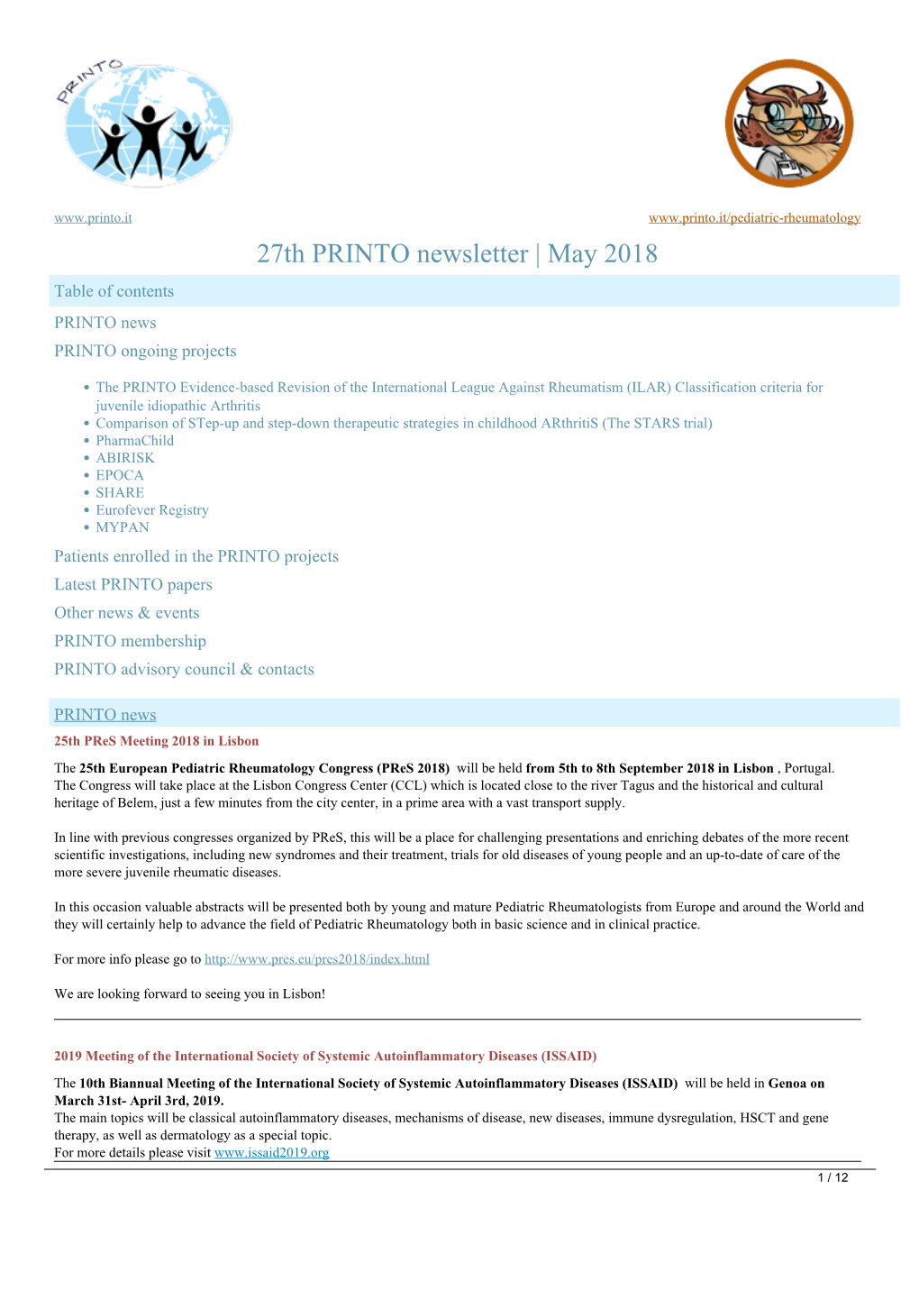 27Th PRINTO Newsletter | May 2018 Table of Contents PRINTO News PRINTO Ongoing Projects