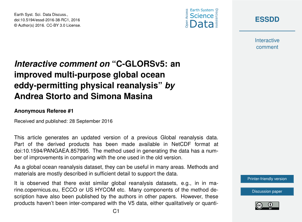 Interactive Comment on “C-Glorsv5: an Improved Multi-Purpose Global Ocean Eddy-Permitting Physical Reanalysis” by Andrea Storto and Simona Masina