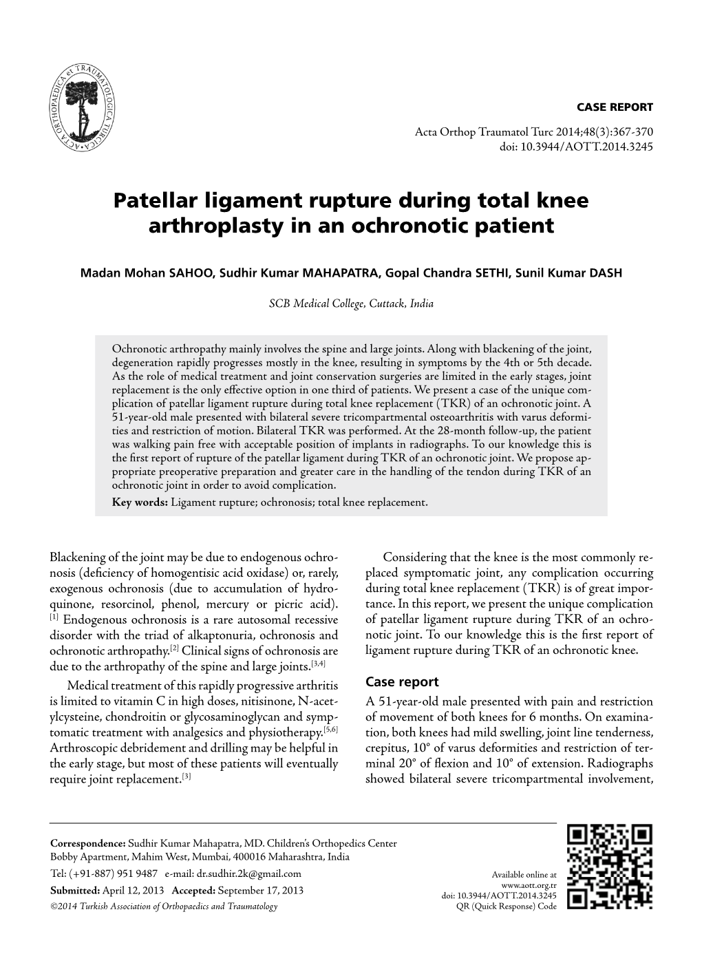 Patellar Ligament Rupture During Total Knee Arthroplasty in an Ochronotic Patient