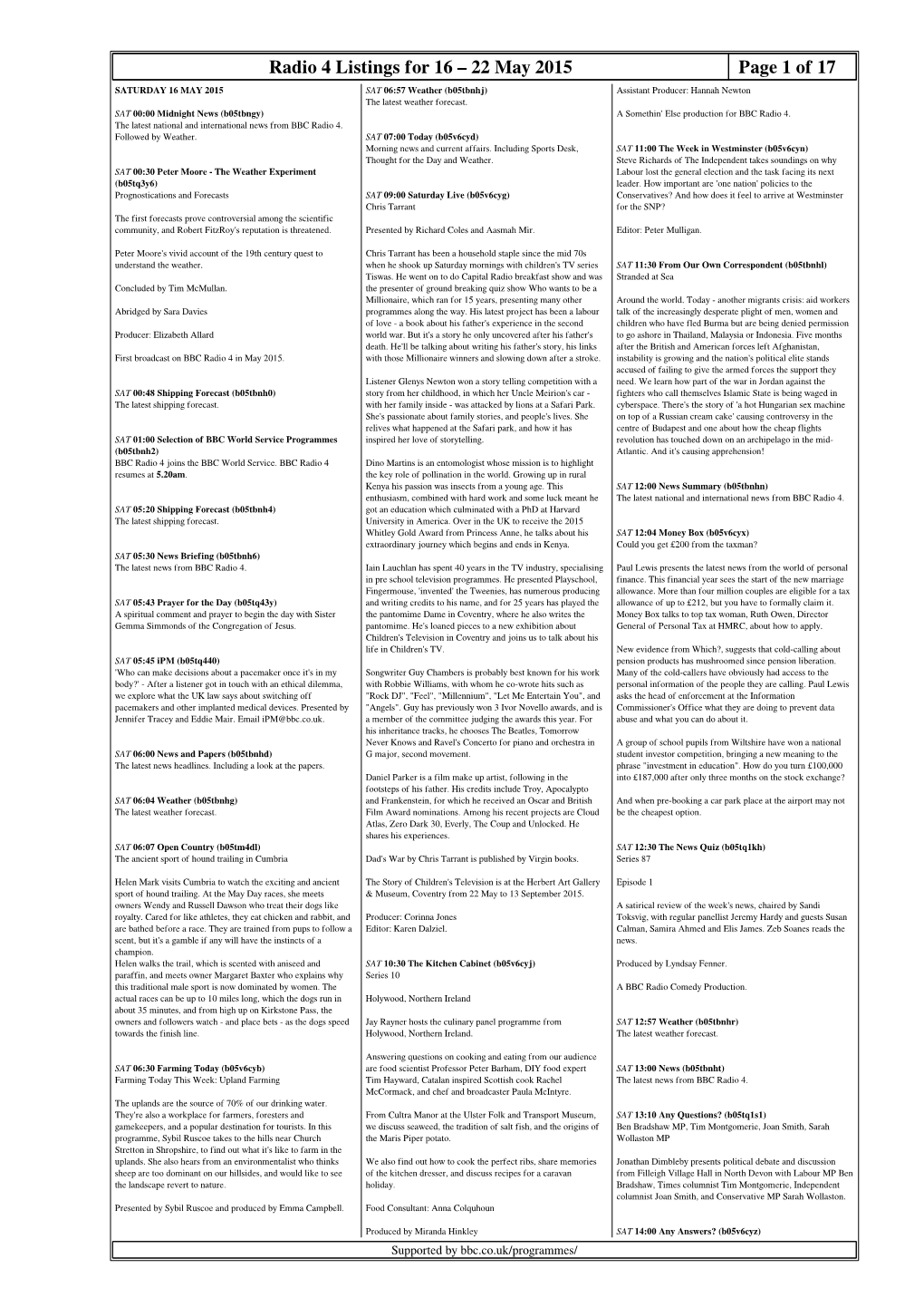 22 May 2015 Page 1 of 17 SATURDAY 16 MAY 2015 SAT 06:57 Weather (B05tbnhj) Assistant Producer: Hannah Newton the Latest Weather Forecast