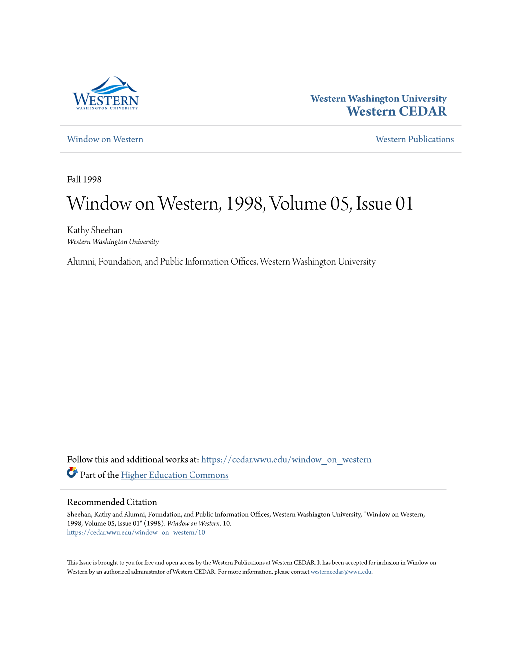 Window on Western, 1998, Volume 05, Issue 01 Kathy Sheehan Western Washington University