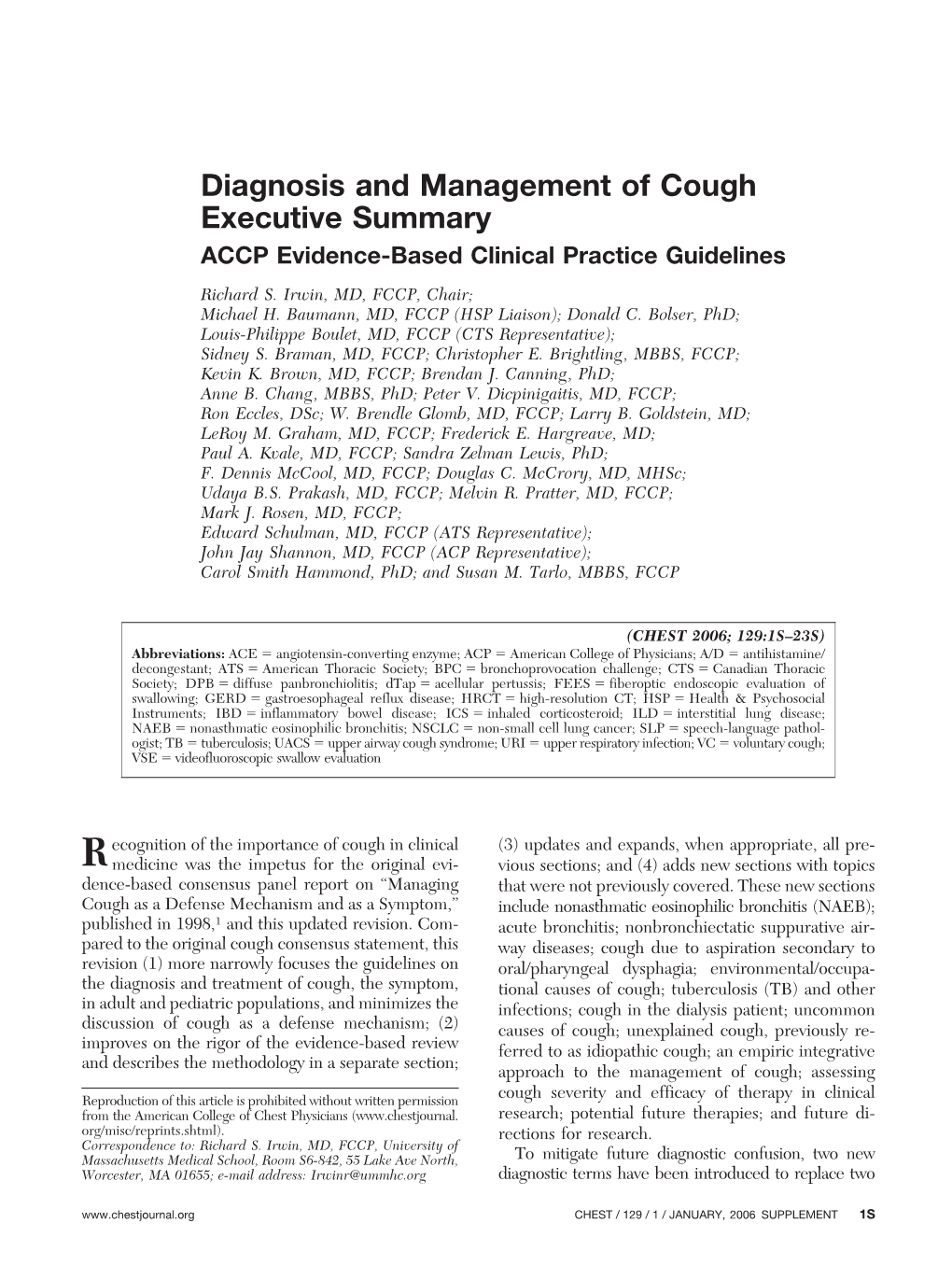 ACCP Guideline: Diagnosis and Management of Cough