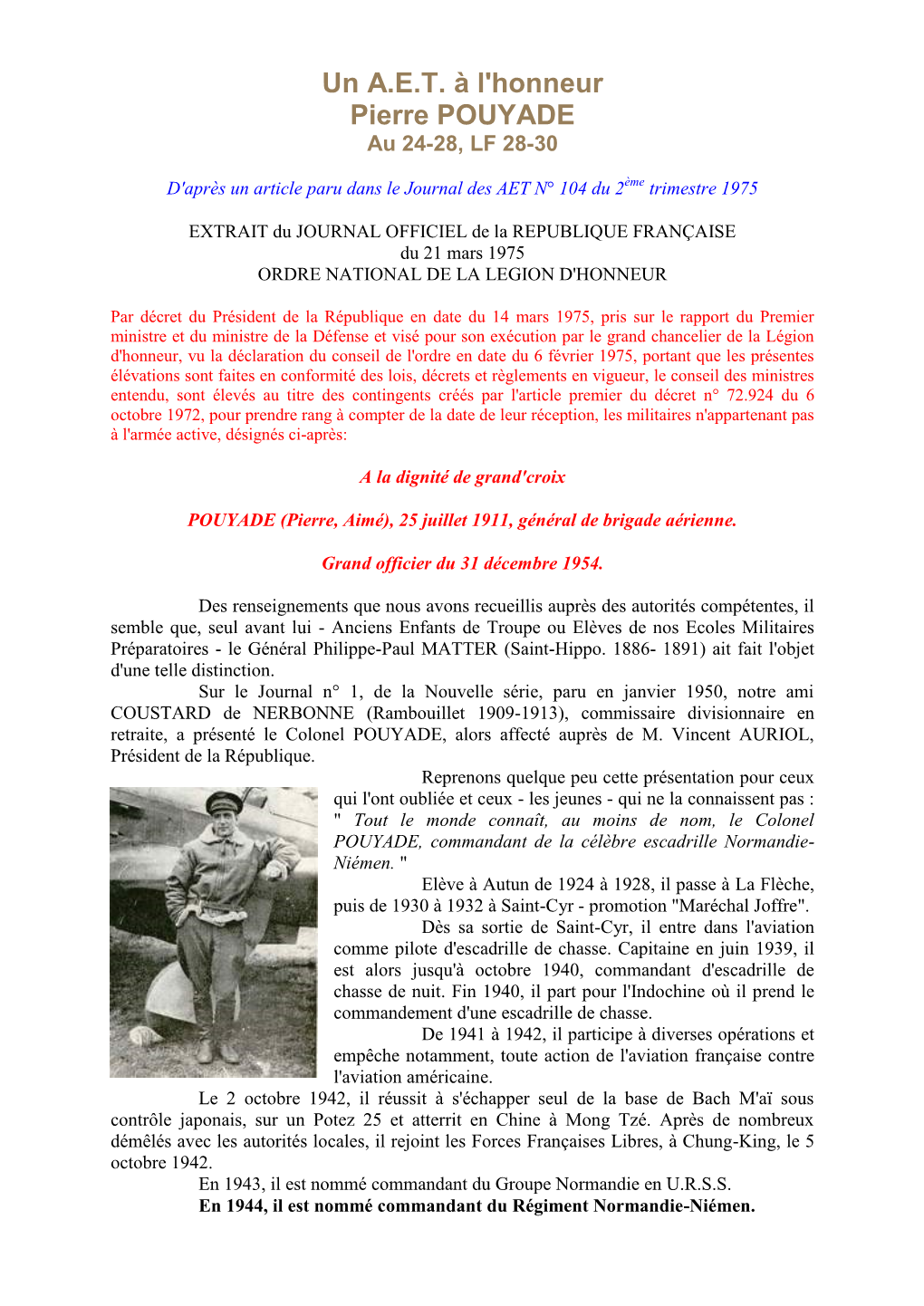 Un A.E.T. À L'honneur Pierre POUYADE Au 24-28, LF 28-30