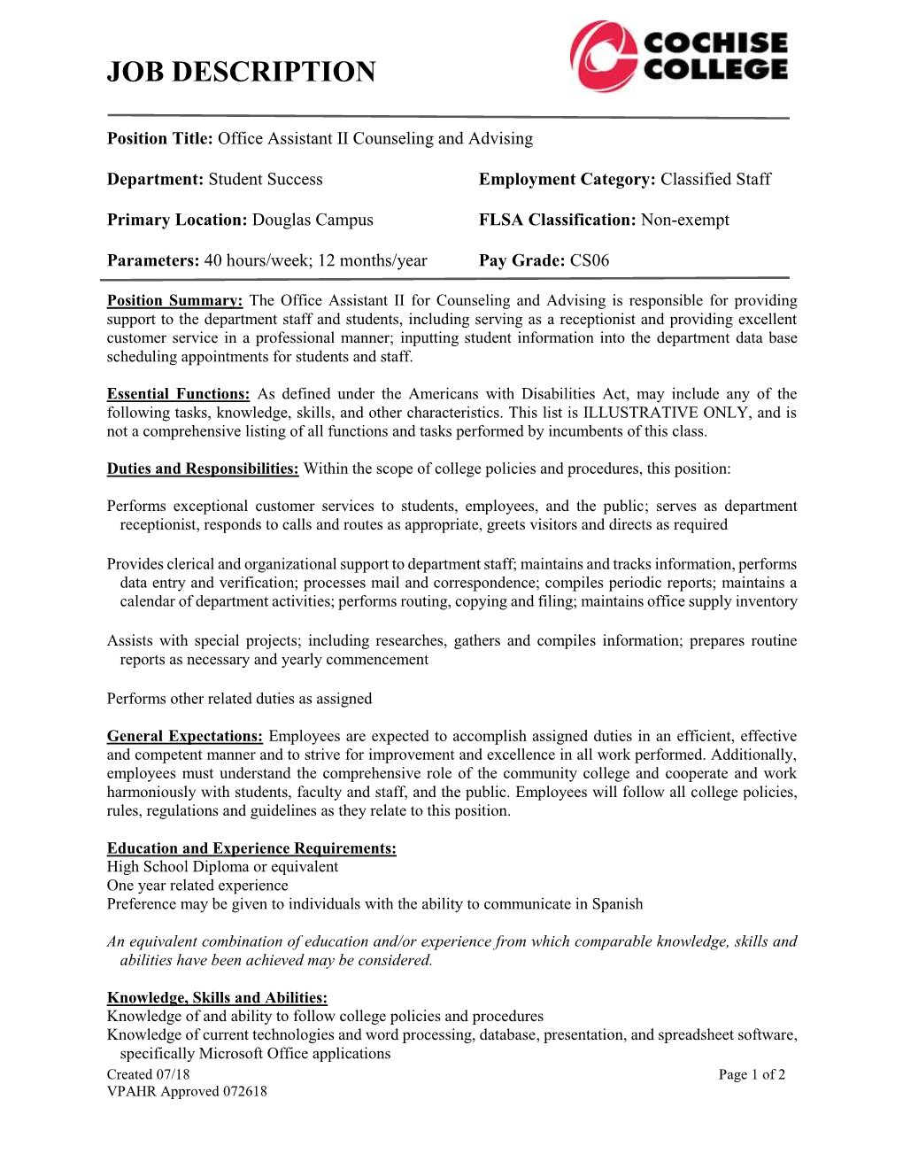 Office Assistant II Counseling and Advising