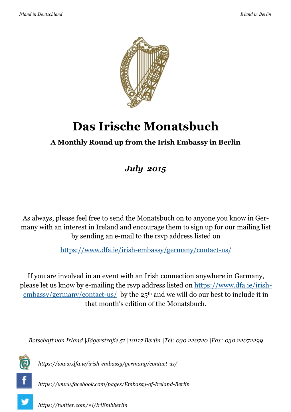 Das Irische Monatsbuch a Monthly Round up from the Irish Embassy in Berlin