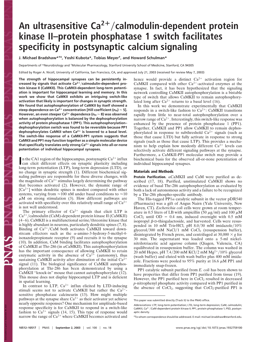 An Ultrasensitive Ca Calmodulin-Dependent Protein Kinase II–Protein Phosphatase 1 Switch Facilitates Specificity in Postsynapt