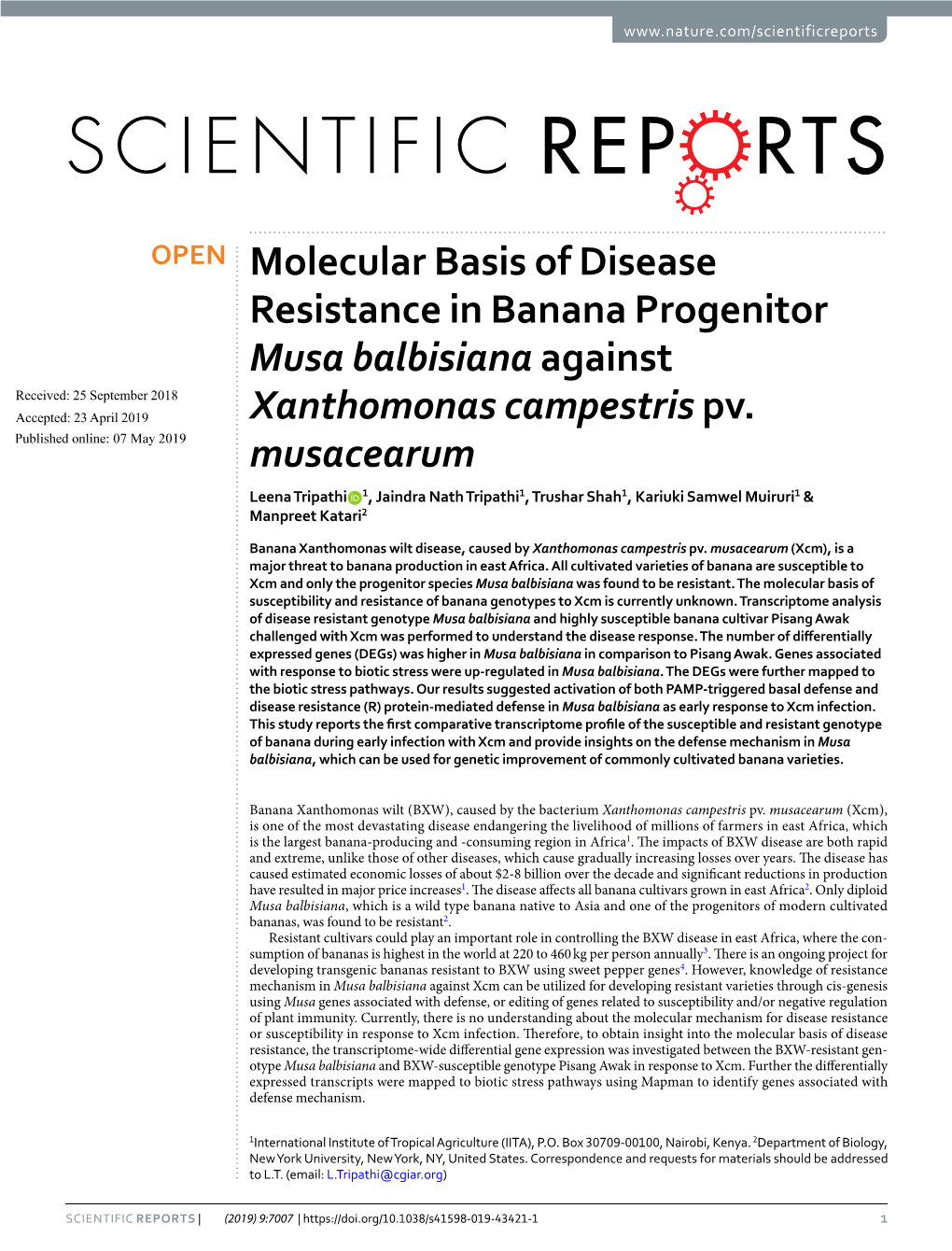 Molecular Basis of Disease Resistance in Banana Progenitor Musa Balbisiana Against Received: 25 September 2018 Accepted: 23 April 2019 Xanthomonas Campestris Pv