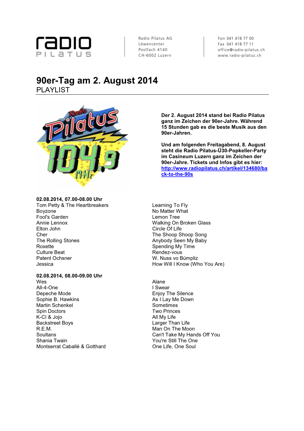 90Er-Tag Am 2. August 2014 PLAYLIST