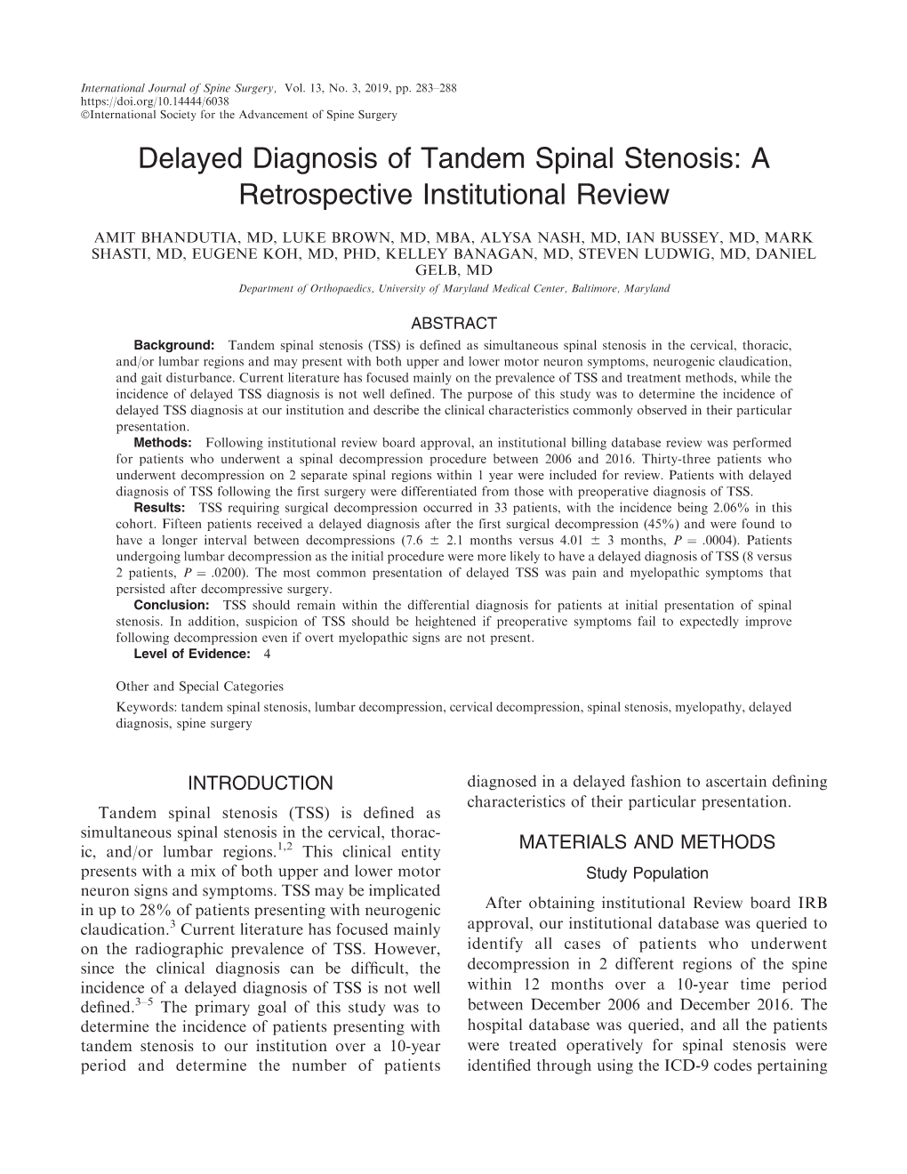 Delayed Diagnosis of Tandem Spinal Stenosis: a Retrospective Institutional Review