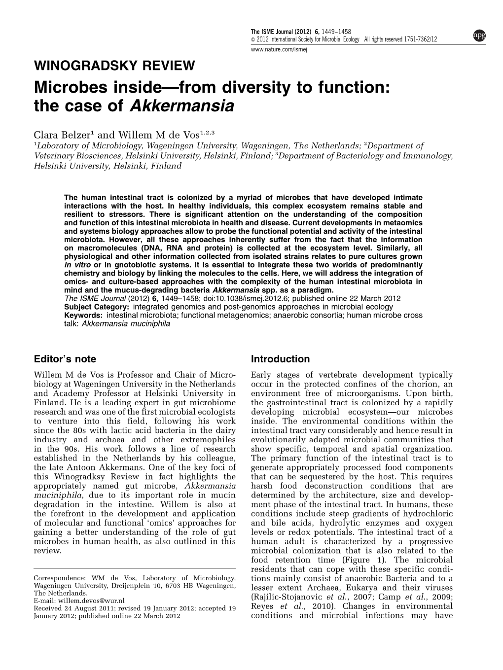 Microbes Inside&Mdash;From Diversity to Function: the Case of Akkermansia