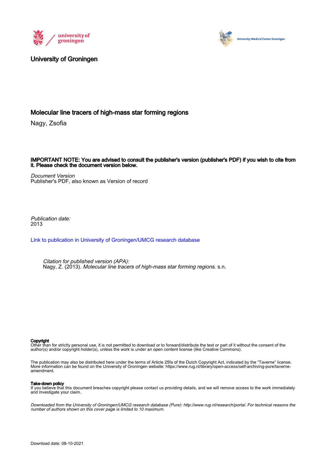 University of Groningen Molecular Line Tracers of High-Mass Star Forming