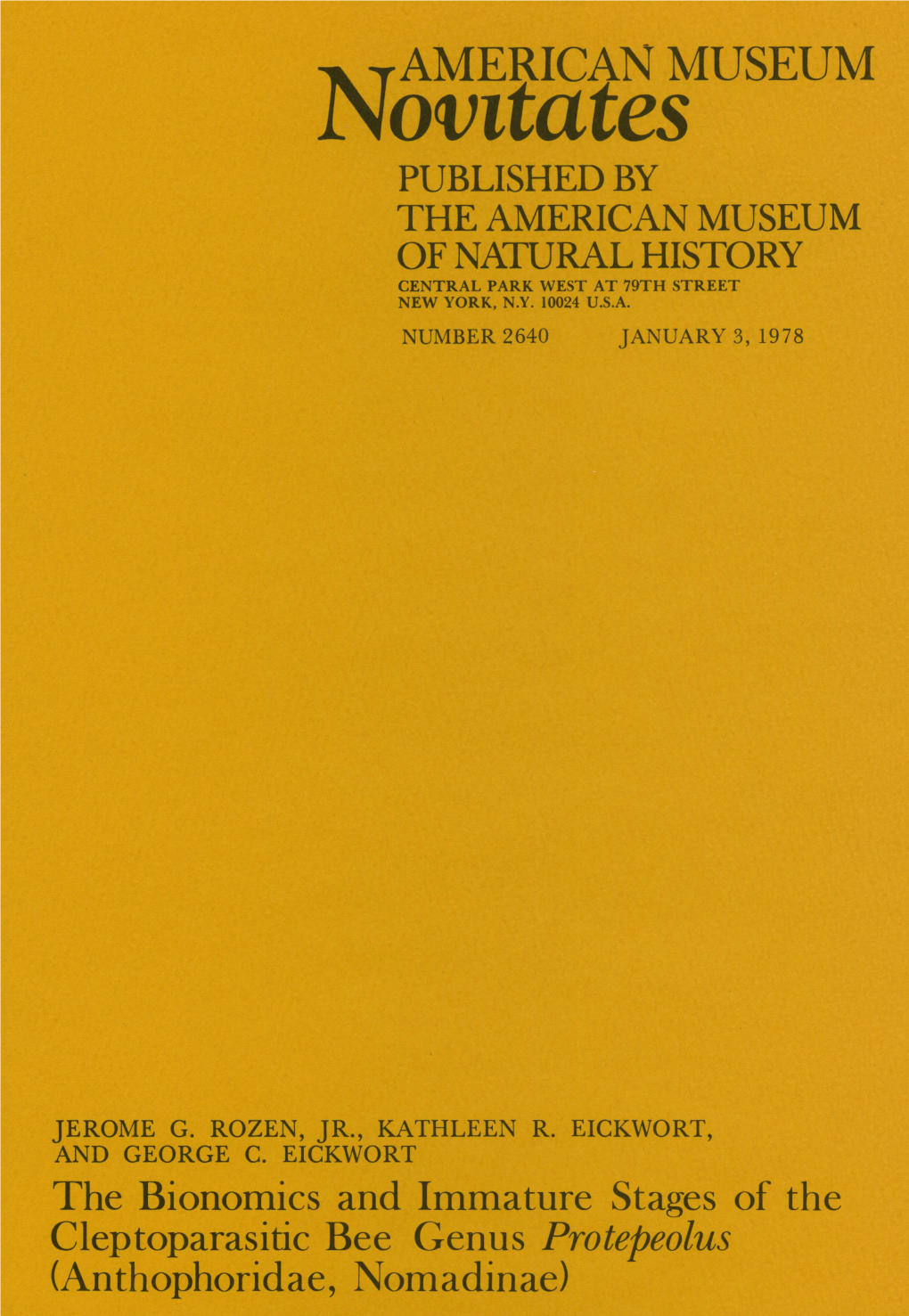 Novitates PUBLISHED by the AMERICAN MUSEUM of NATURAL HISTORY CENTRAL PARK WEST at 79TH STREET, NEW YORK, N.Y