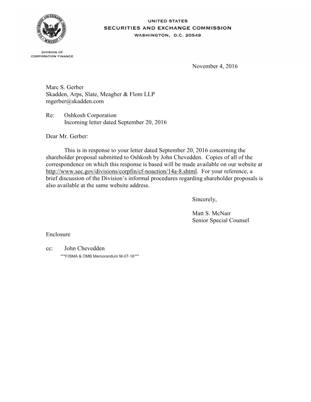 Oshkosh Corporation Incoming Letter Dated September 20, 2016
