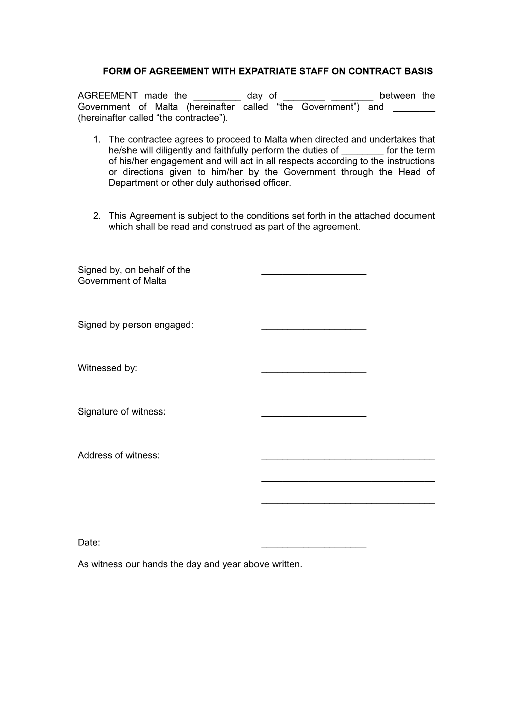 Form of Agreement with Expatriate Staff on Contract Basis