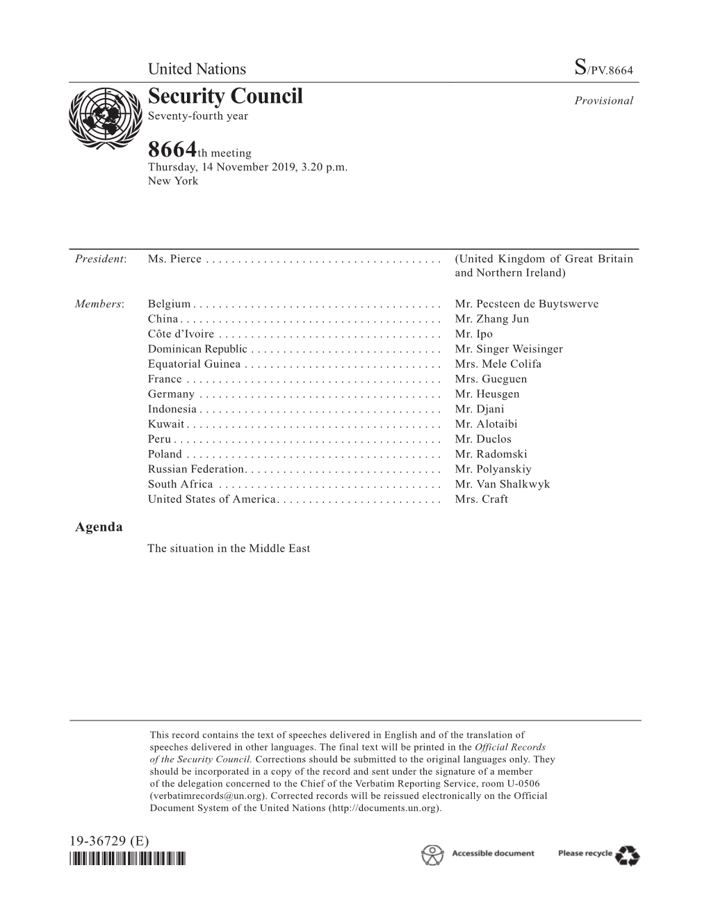 Security Council Provisional Seventy-Fourth Year