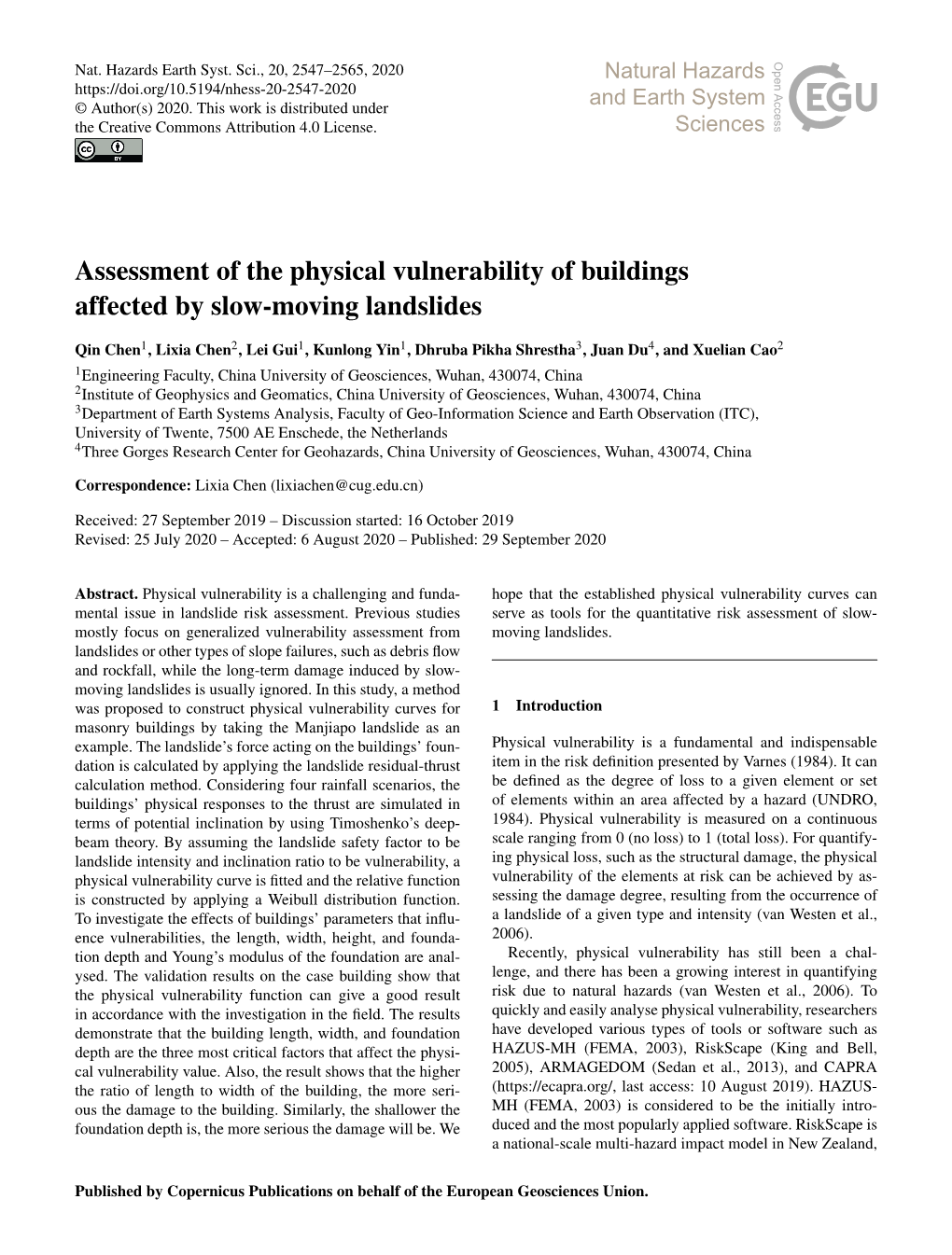 Assessment of the Physical Vulnerability of Buildings Affected by Slow-Moving Landslides