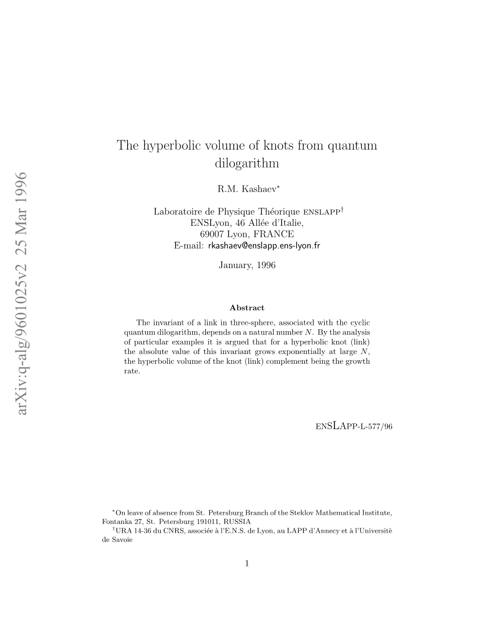 The Hyperbolic Volume of Knots from Quantum Dilogarithm