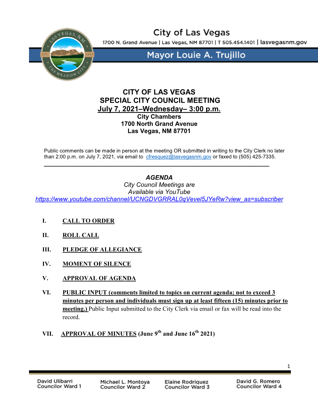 CITY of LAS VEGAS SPECIAL CITY COUNCIL MEETING July 7, 2021–Wednesday– 3:00 P.M