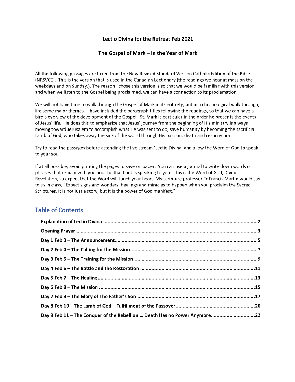 Table of Contents Explanation of Lectio Divina