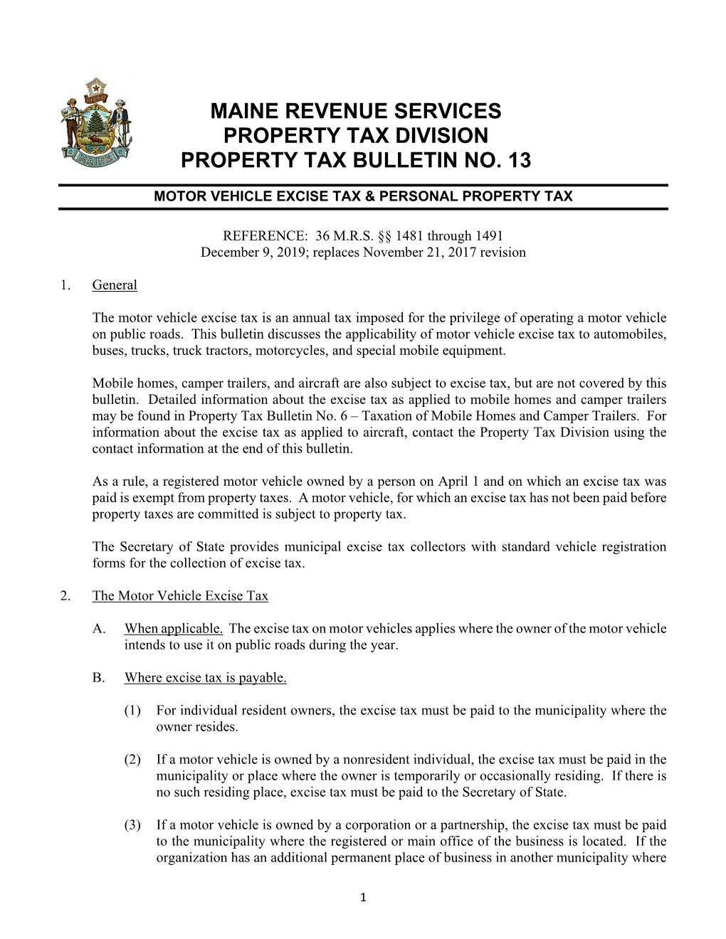 Bulletin No. 13 (Motor Vehicle Excise Tax & Personal Property Tax)