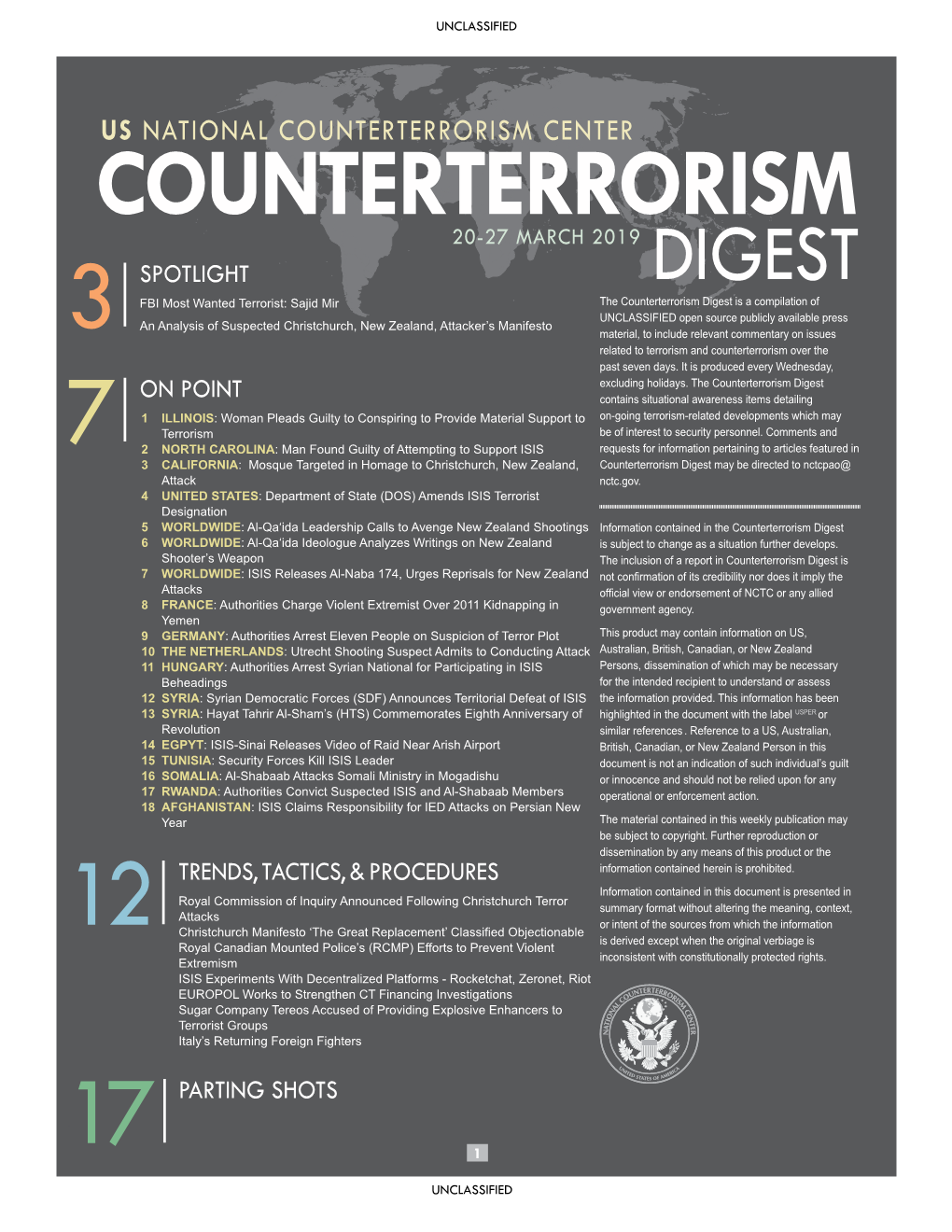 COUNTERTERRORISM CENTER COUNTERTERRORISM 20-27 MARCH 2019 SPOTLIGHT DIGEST FBI Most Wanted Terrorist: Sajid Mir the Counterterrorism Digest Is a Compilation of |