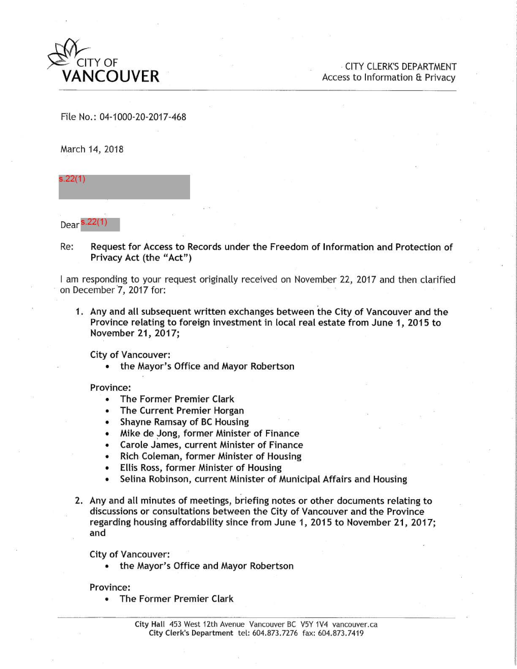 June 4, 2015 Letter from Premier Christy Clark to the Mayor Regarding Housing Affordability, Foreign Investment and Ownership