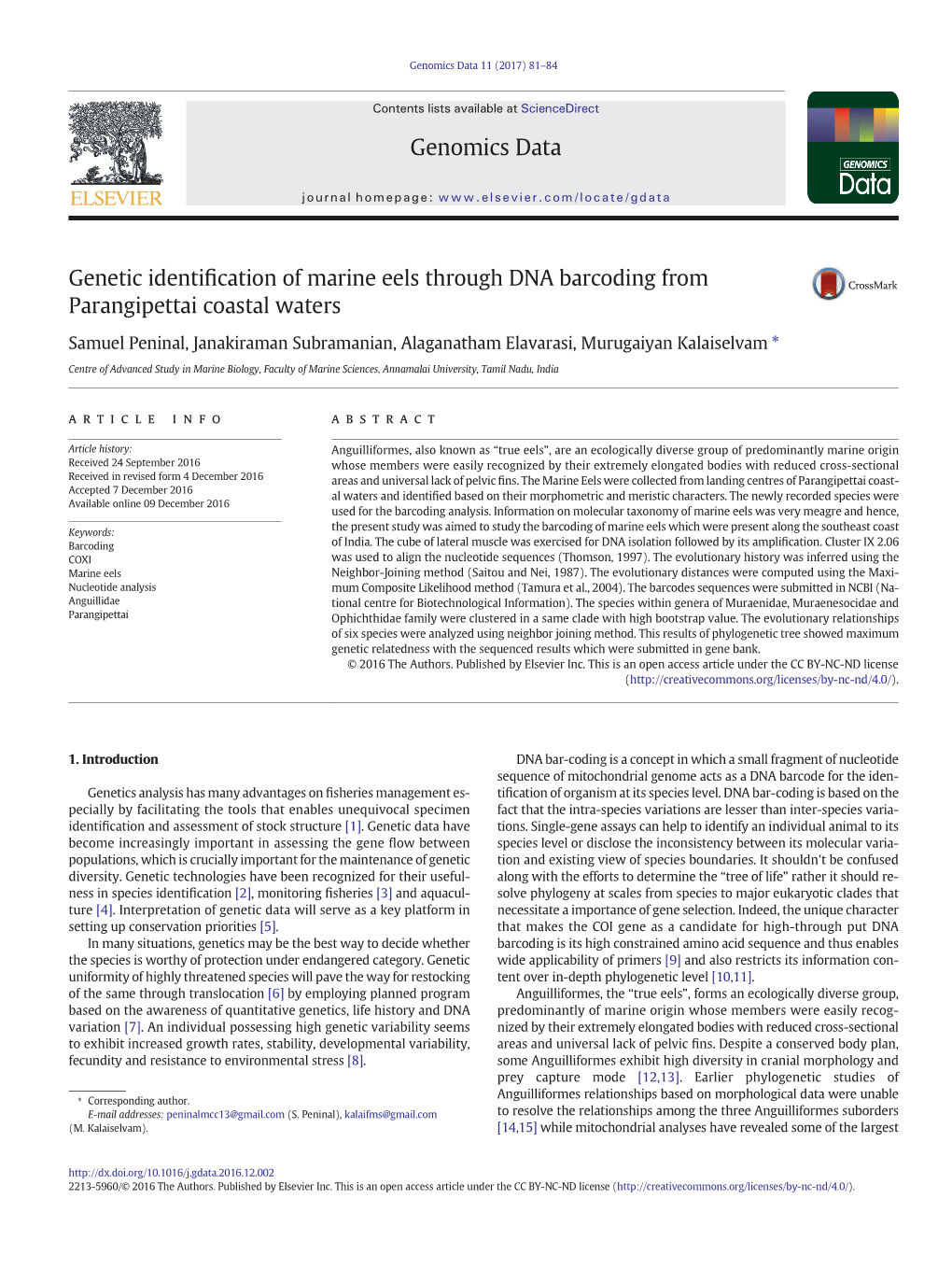 Genetic Identification of Marine Eels Through DNA Barcoding From