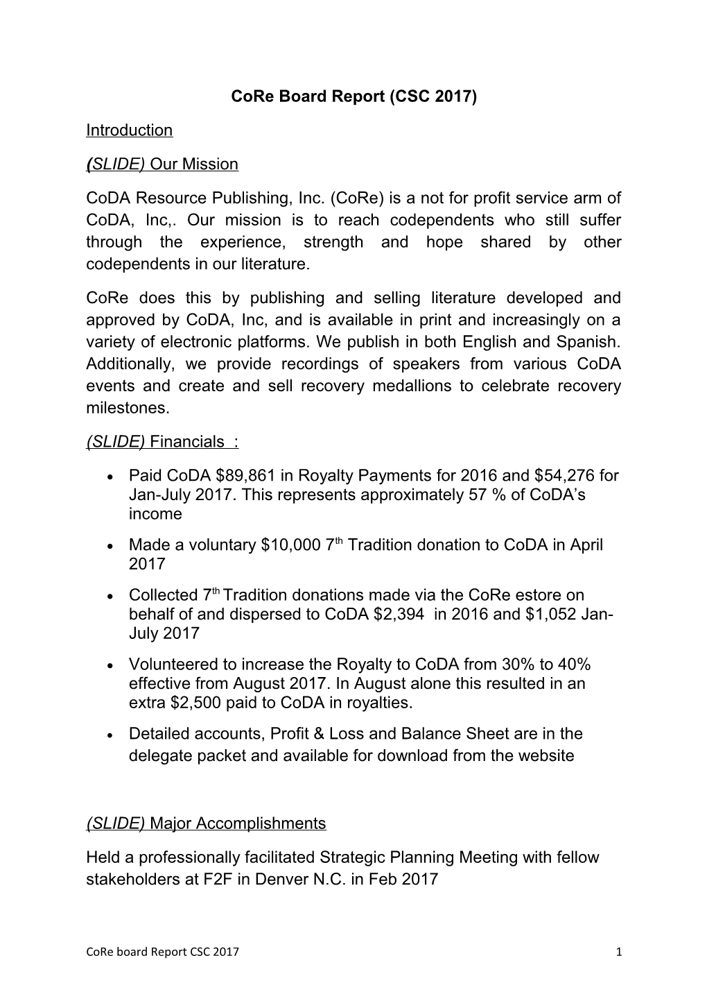 Core Board Report (CSC 2017)