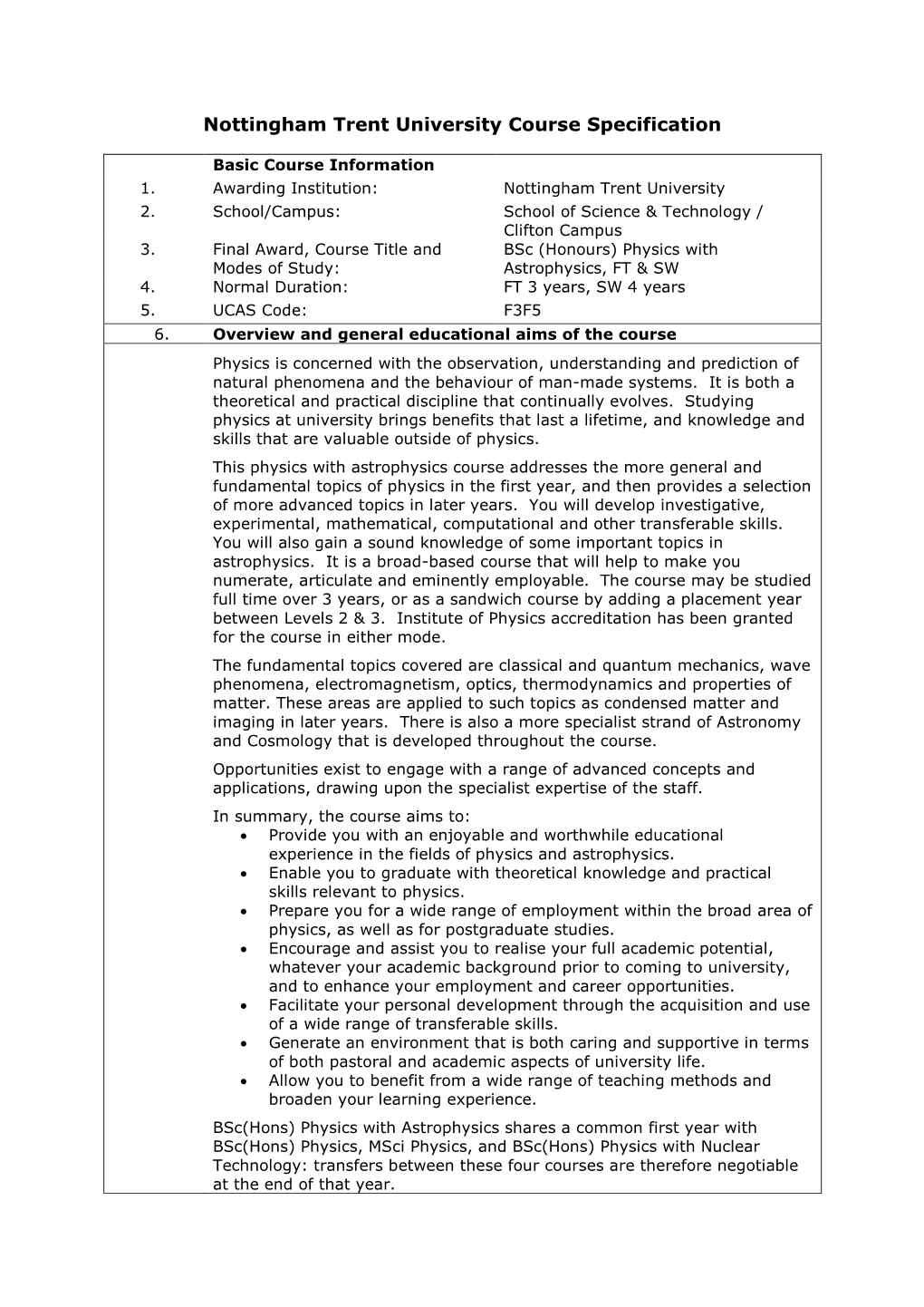 Nottingham Trent University Course Specification