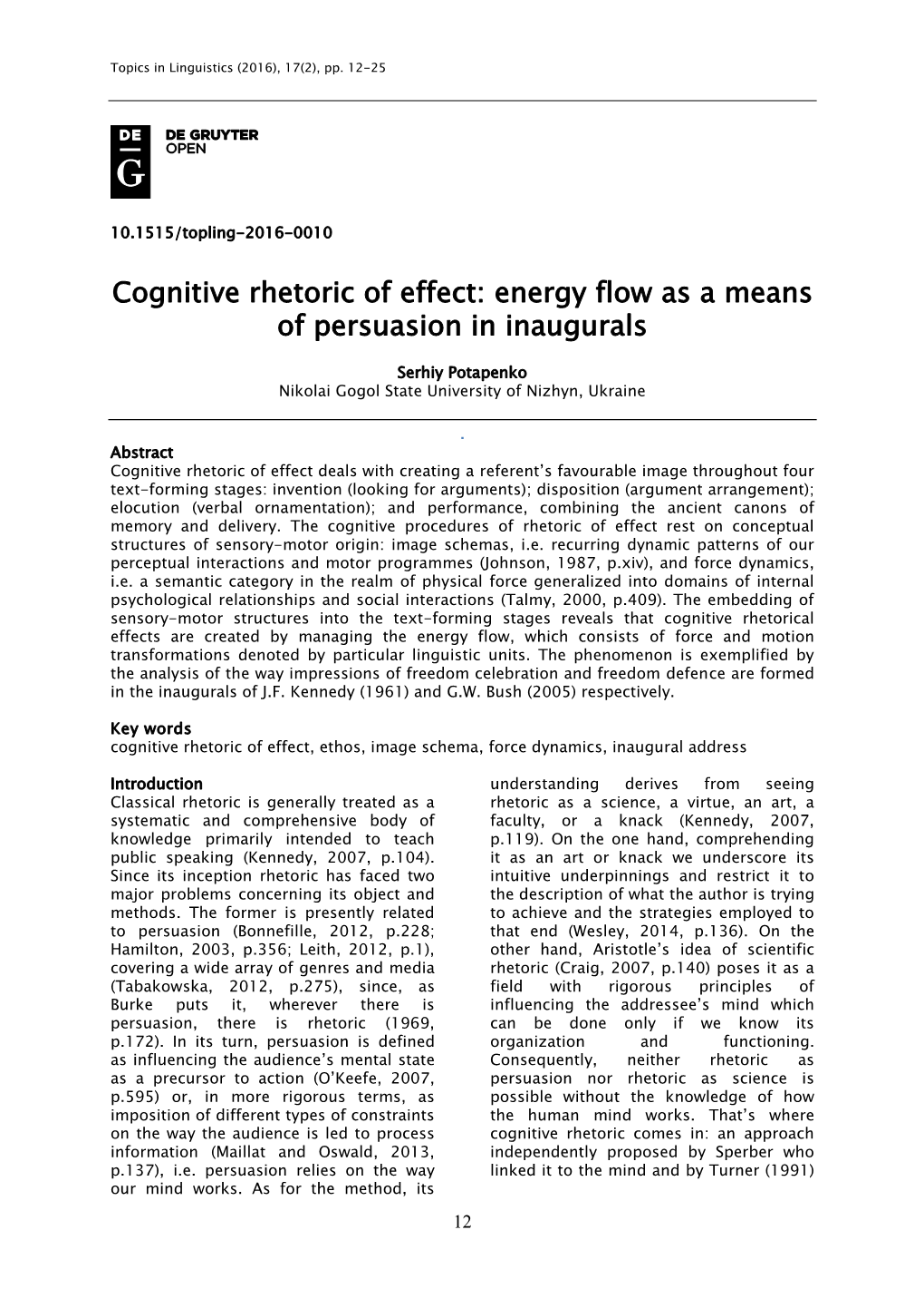 Cognitive Rhetoric of Effect: Energy Flow As a Means of Persuasion in Inaugurals