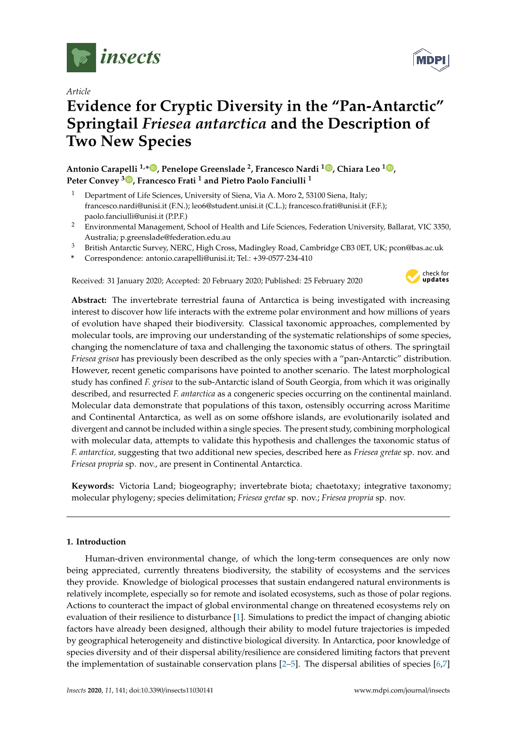 Evidence for Cryptic Diversity in the “Pan-Antarctic” Springtail Friesea Antarctica and the Description of Two New Species