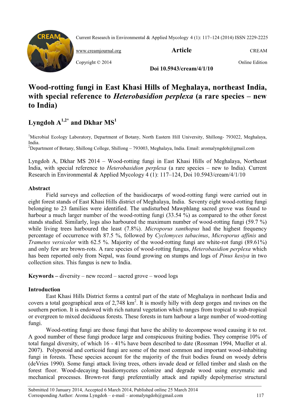 Wood-Rotting Fungi in East Khasi Hills of Meghalaya, Northeast India, with Special Reference to Heterobasidion Perplexa (A Rare Species ‒ New to India)