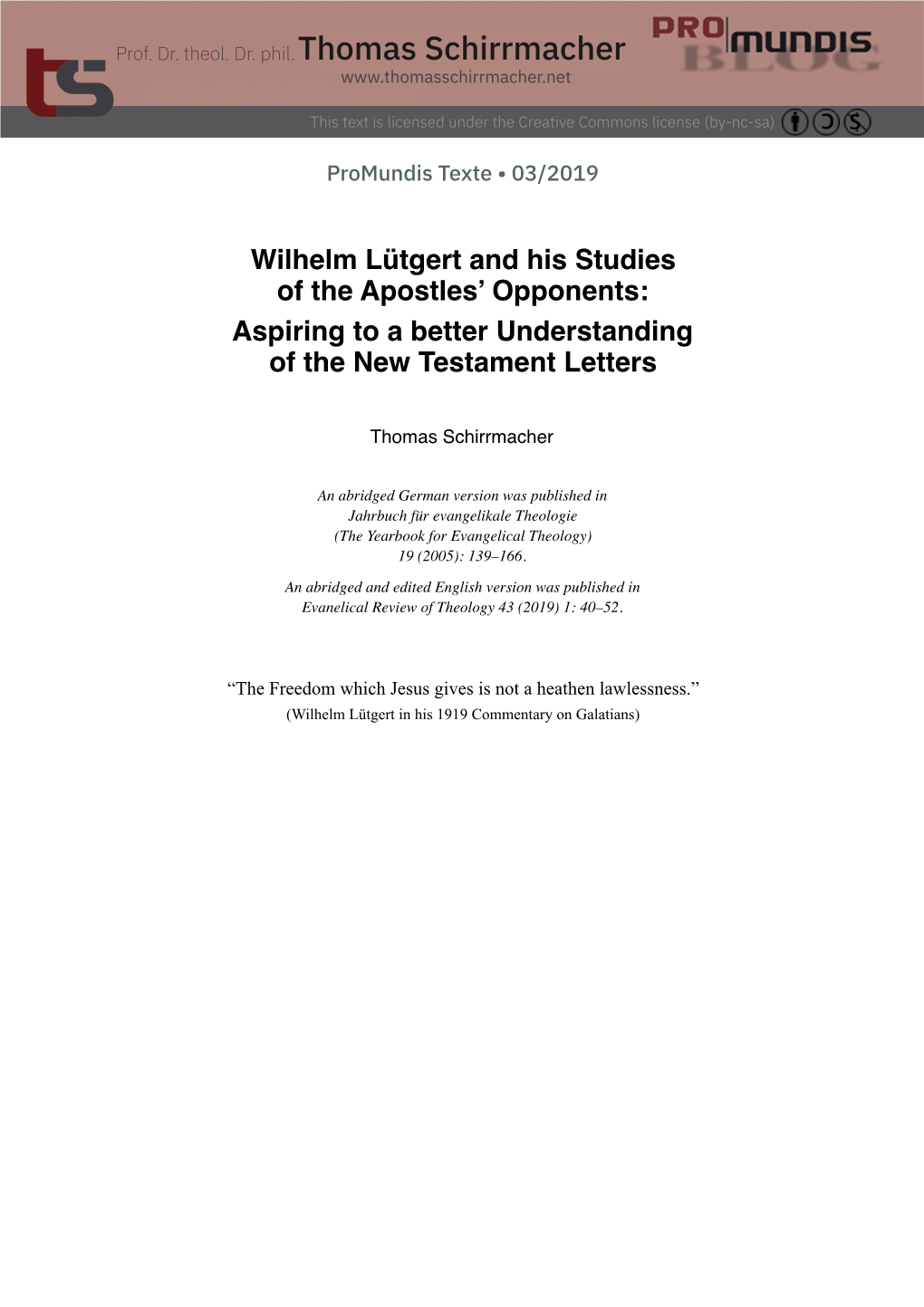 Wilhelm Lütgert and His Studies of the Apostles' Opponents