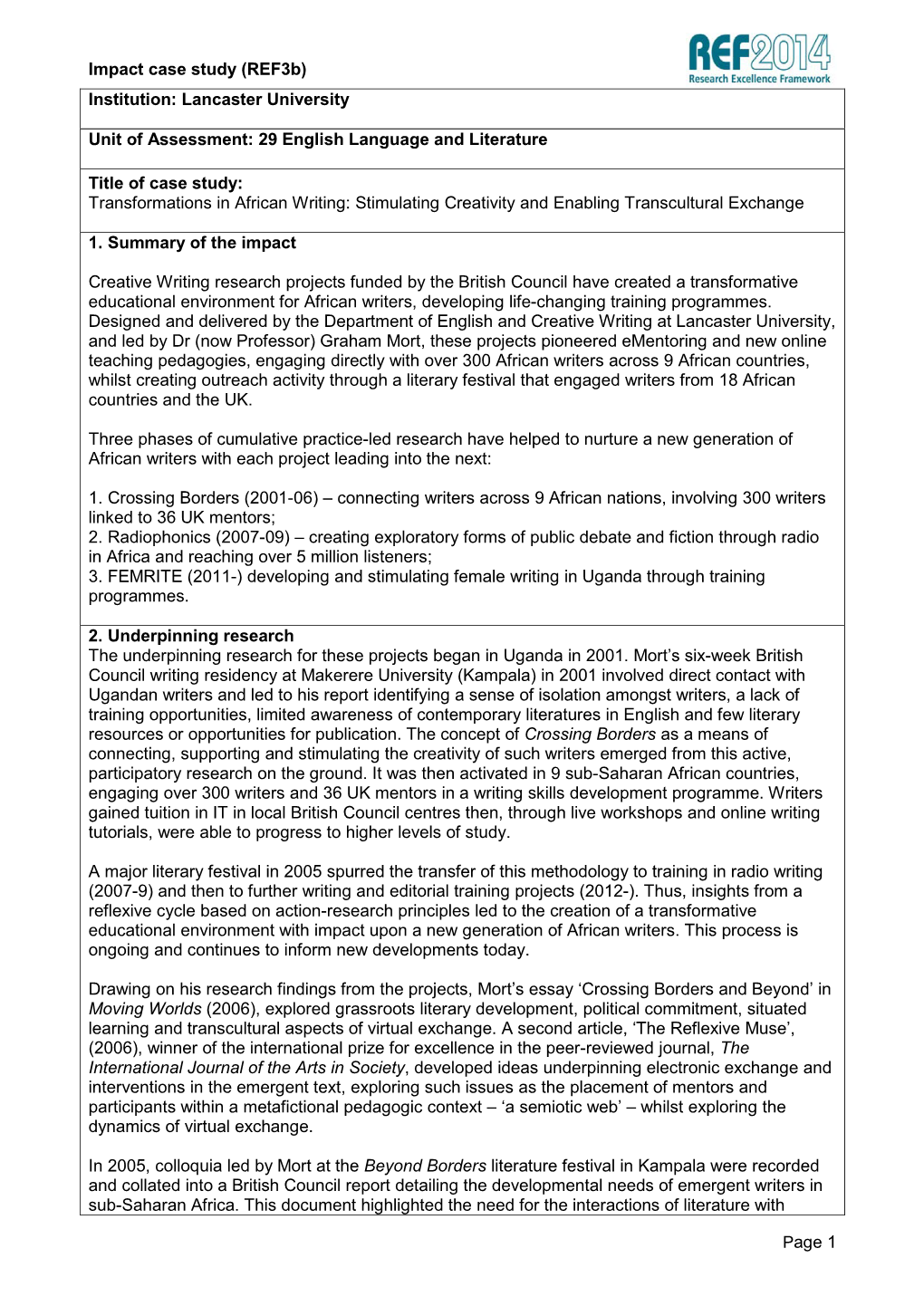 Impact Case Study (Ref3b) Institution: Lancaster University