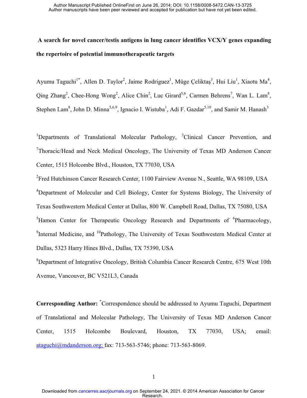 1 a Search for Novel Cancer/Testis Antigens in Lung Cancer Identifies