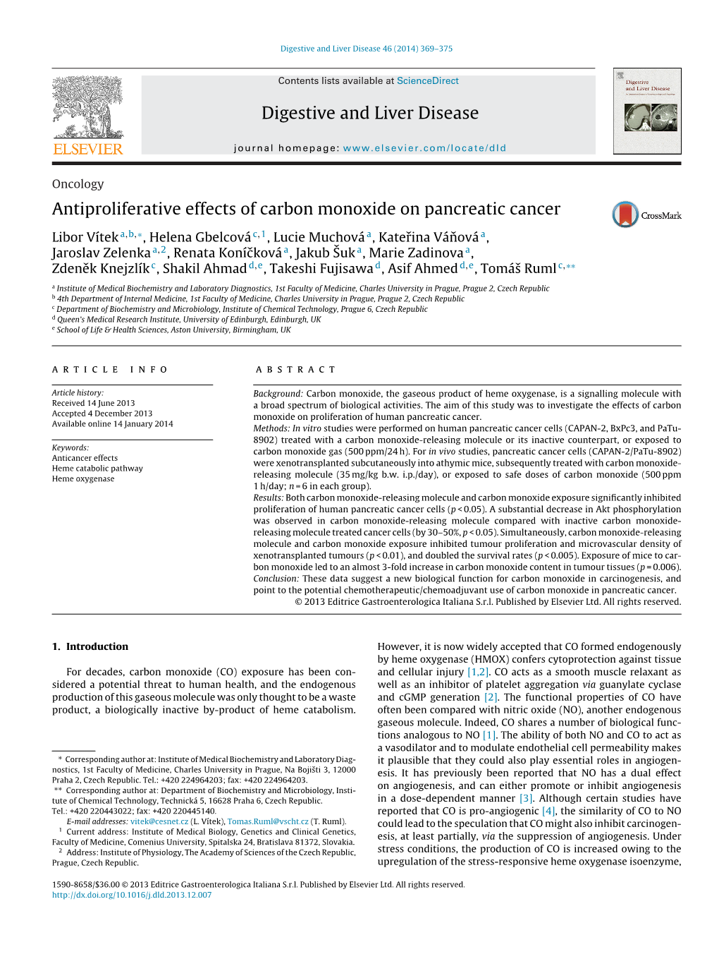 Antiproliferative Effects of Carbon Monoxide on Pancreatic Cancer